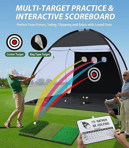 Miniatura 3 de Red de golf, ayuda para golpear golf de 10 x 7 pies con alfombra plegable de triple césped, diseñada para uso en exteriores e interiores, redes de