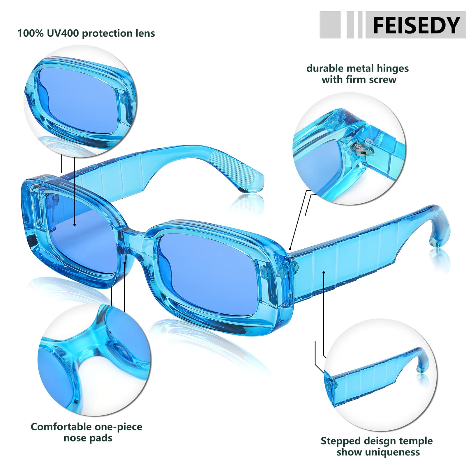 FEISEDY Retro Thick Rectangle Sunglasses Retro 90s Small Chunky Square Women Men B2307