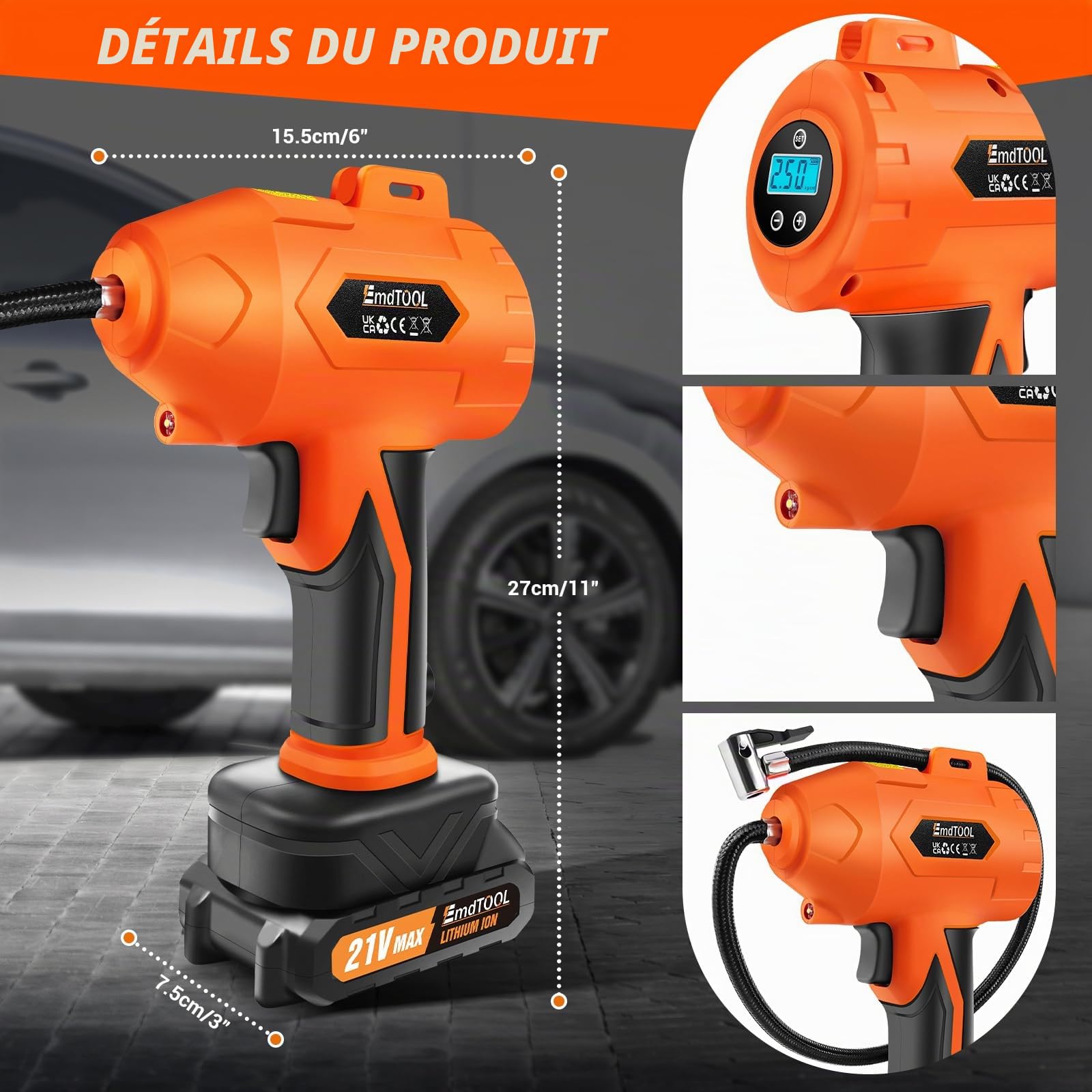 Gonfleur de pneu Compresseur d'air avec batterie 21 V et câble CC 12 V Pompe portable avec manomètre numérique (max. 180 PSI) pour voitures, motos, vélos et ballons
