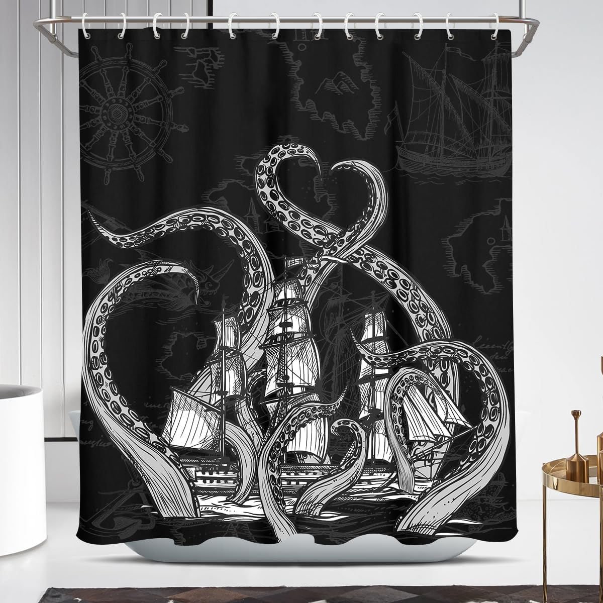 Coxila Octopus Shower Curtain Nautical Coastal Vintage Retro Ocean Beach Sea Gothic Goth Kraken Funny Fun Cool Mens World Map Pirate Anime Horror Bathroom 60 x 72 Inch Polyester Fabric 12 Pack Hooks