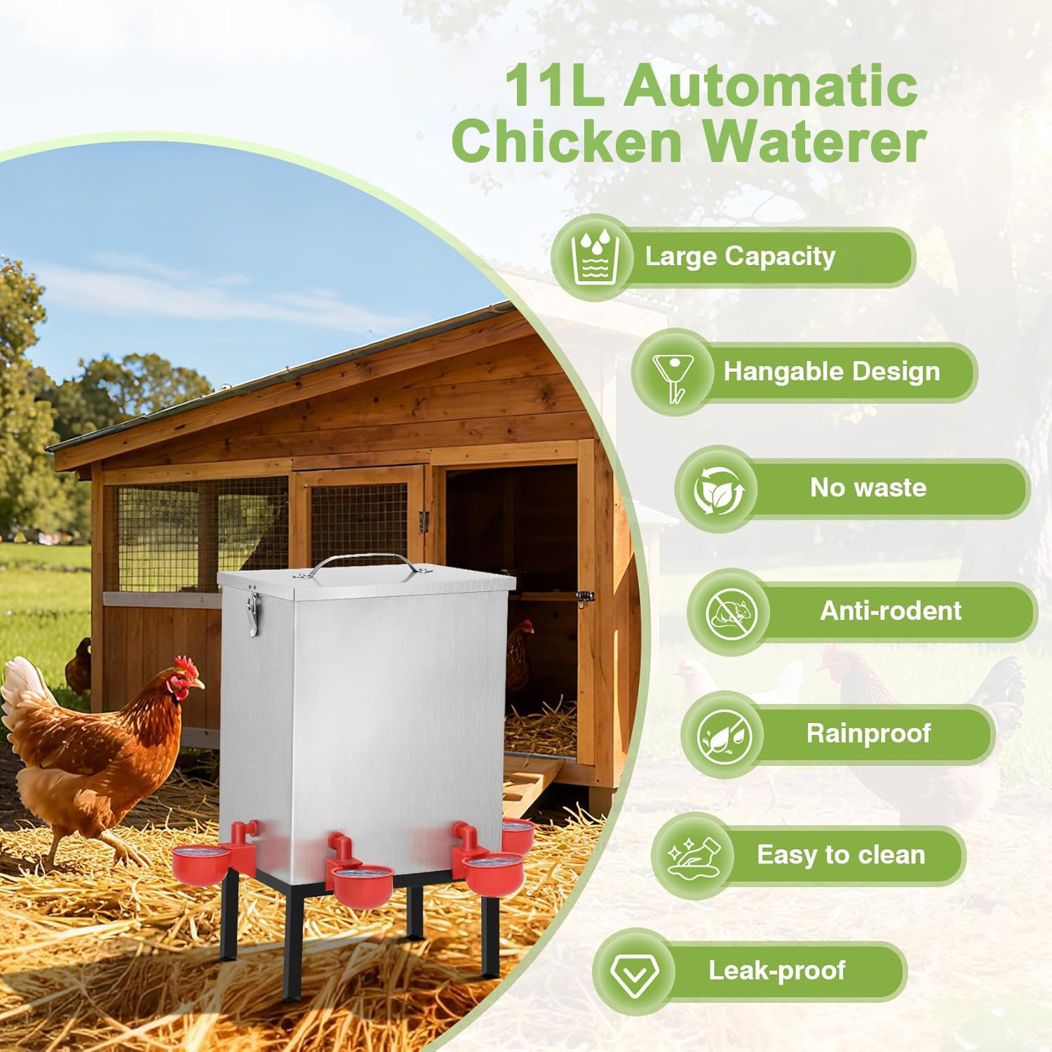Abbeveratoio per polli da 11 L, Abbeveratoio automatico in acciaio inossidabile con 4 vaschette, chiusura a scatto e supporto inferiore