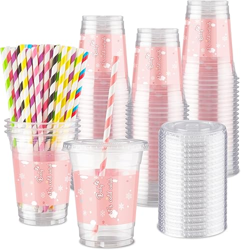 Miniatura 1 de Meanplan 150 tazas de Navidad para baby shower con tapas y pajitas, vasos desechables de plástico transparente con diseño de oso de copo de nieve de