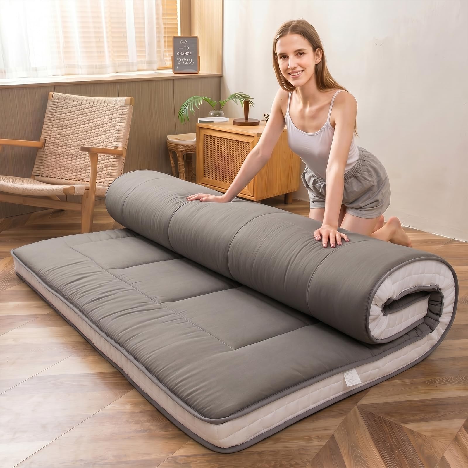 MAXYOYO Twin Bed Mattress Japanese Floor Futon Mattress, Twin Tatami Pad Camping Floor Bed Topper, Easy to Foldable and Portable, Futon Single Mat, Dark Grey-image-35