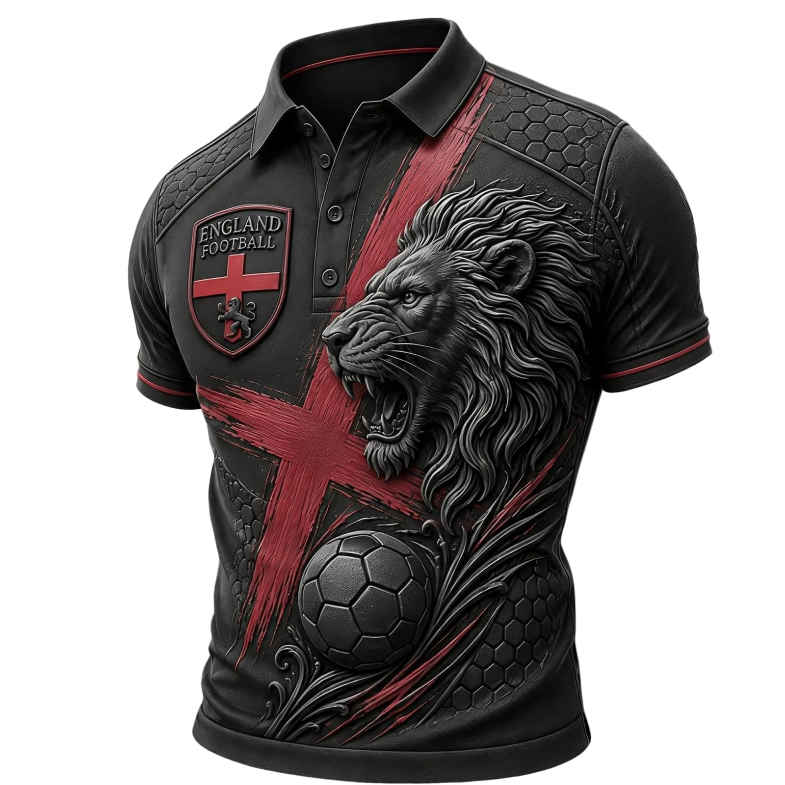 Mens England Football Shirt 2026 Lion Print Short Sleeve Polo Shirt for Supporters of Football Casual National Flag Print Button Down Collar Top Outdoor Sports Shirts for Men Black XXXXXL