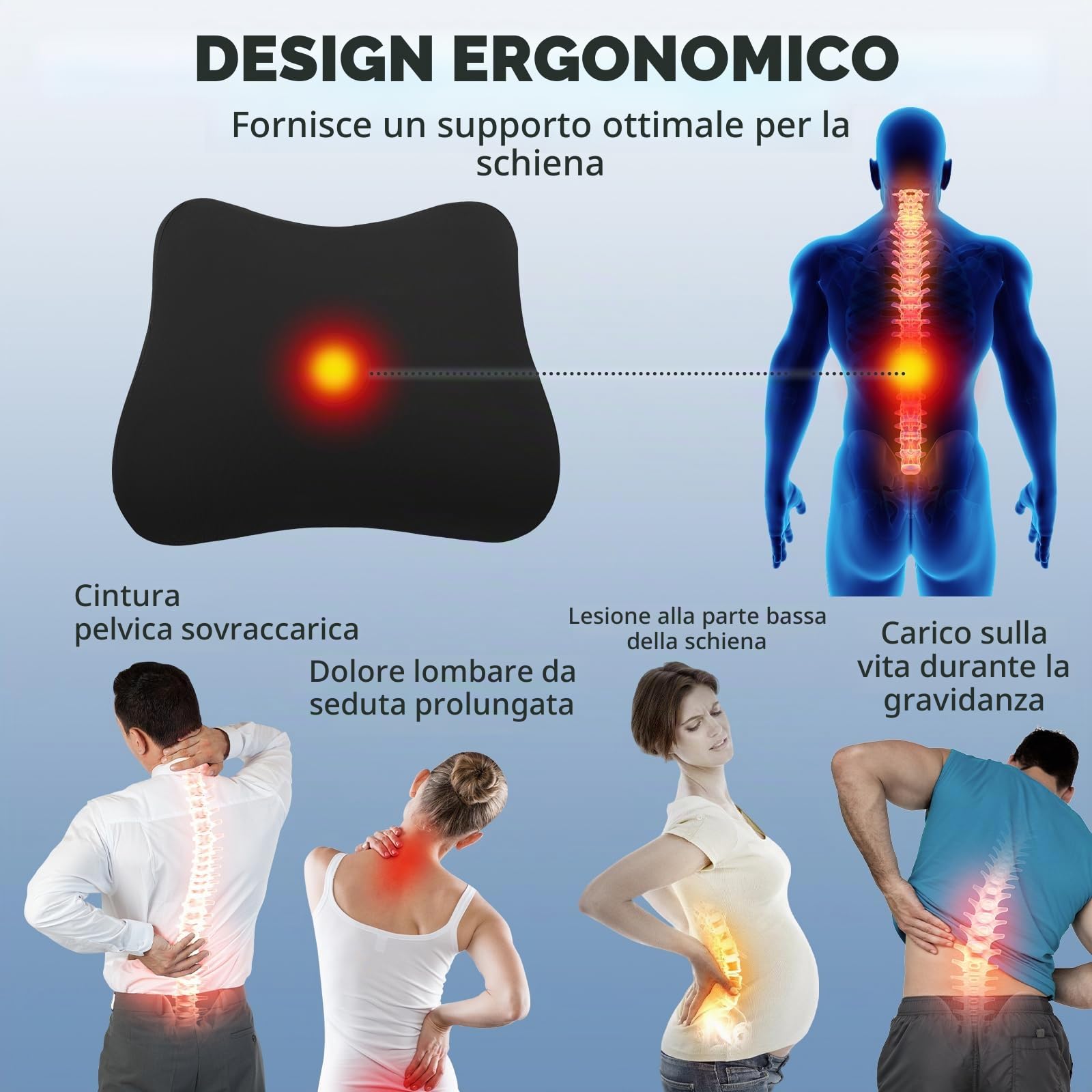 2 in 1Cuscino Sedia Ufficio Memory Foam Supporto Lombare e Seduta Cuscino Lombare Auto Ergonomico per Auto e Gaming, Allevia Dolore Coccige e Schiena, Fodera Lavabile e Base Antiscivolo
