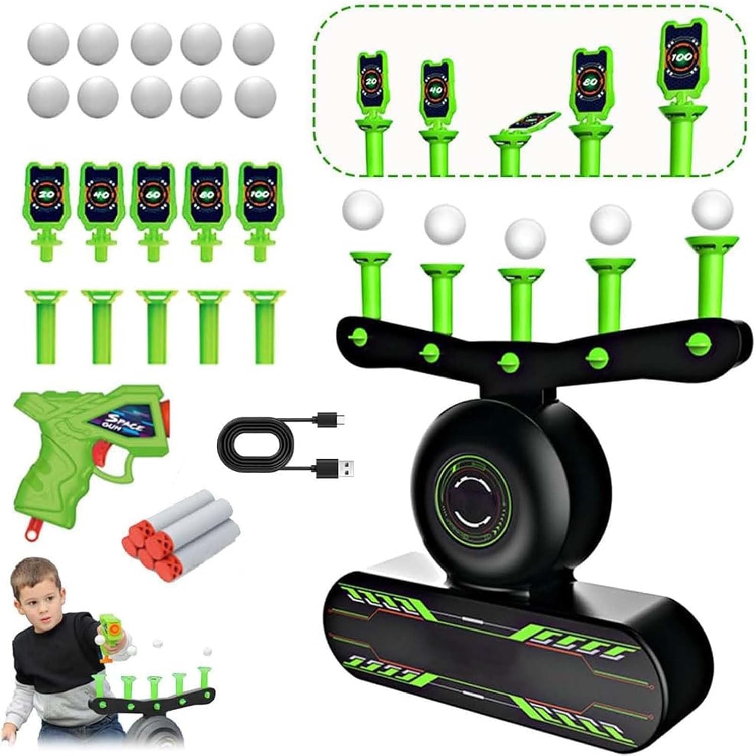 Juego de Pistola de Juguete para niños de práctica de Tiro Que Brilla en la Oscuridad, Blanco eléctrico Luminoso, Juguetes de Juegos de Tiro Hover con 5 Blancos de Bolas flotantes 10 Bolas (A)