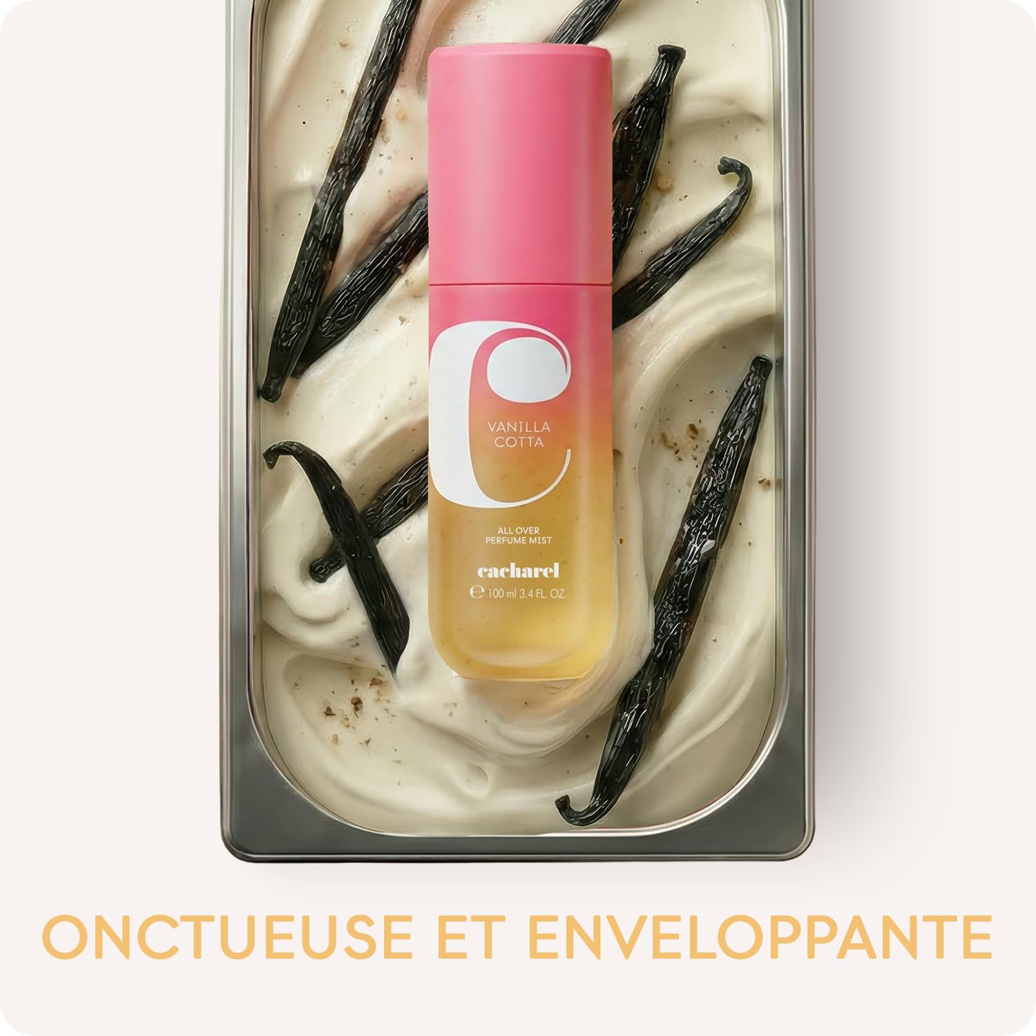 CACHAREL Yummy Mist Vanilla Cotta — Brume Parfumée Ambrée Gourmande Corps & Cheveux pour Femme - Vanille crémeuse, Fleurs Solaires, Accord Noisette, Accord de Lait - Spray Vaporisateur - 100ml