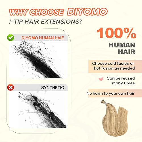 Miniatura 4 de DIYOMO I Tip - Extensiones de cabello humano, 1622 rubio claro con reflejos rubio decolorado de 24 pulgadas, extensiones de cabello con punta en I