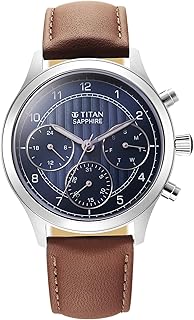 Titan Sapphire Quartz Multifunction Blue Dial Brown Leather Strap Watch for Men - NT1874SL06