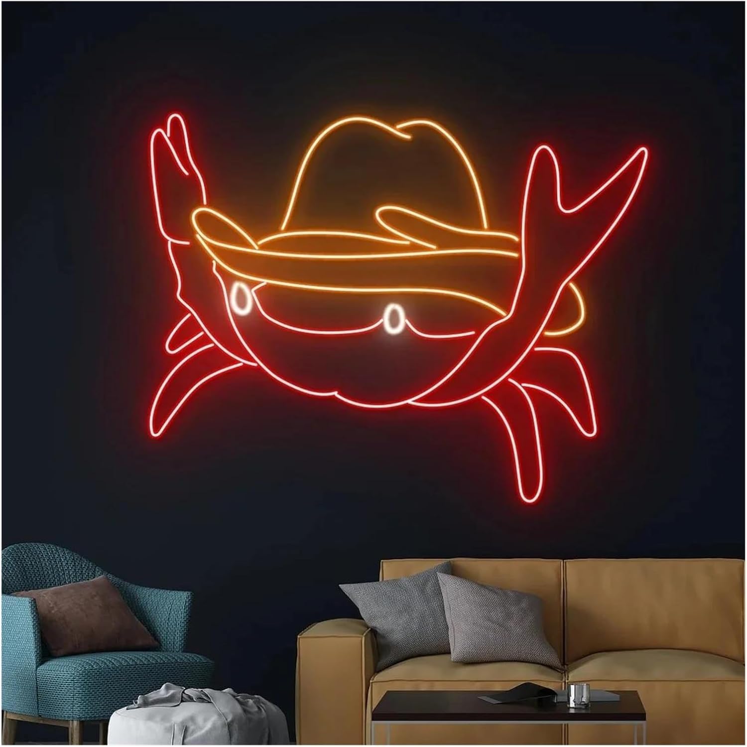 Insegna al neon Cappello da cowboy occidentale, Granchio, Ristorante di pesce