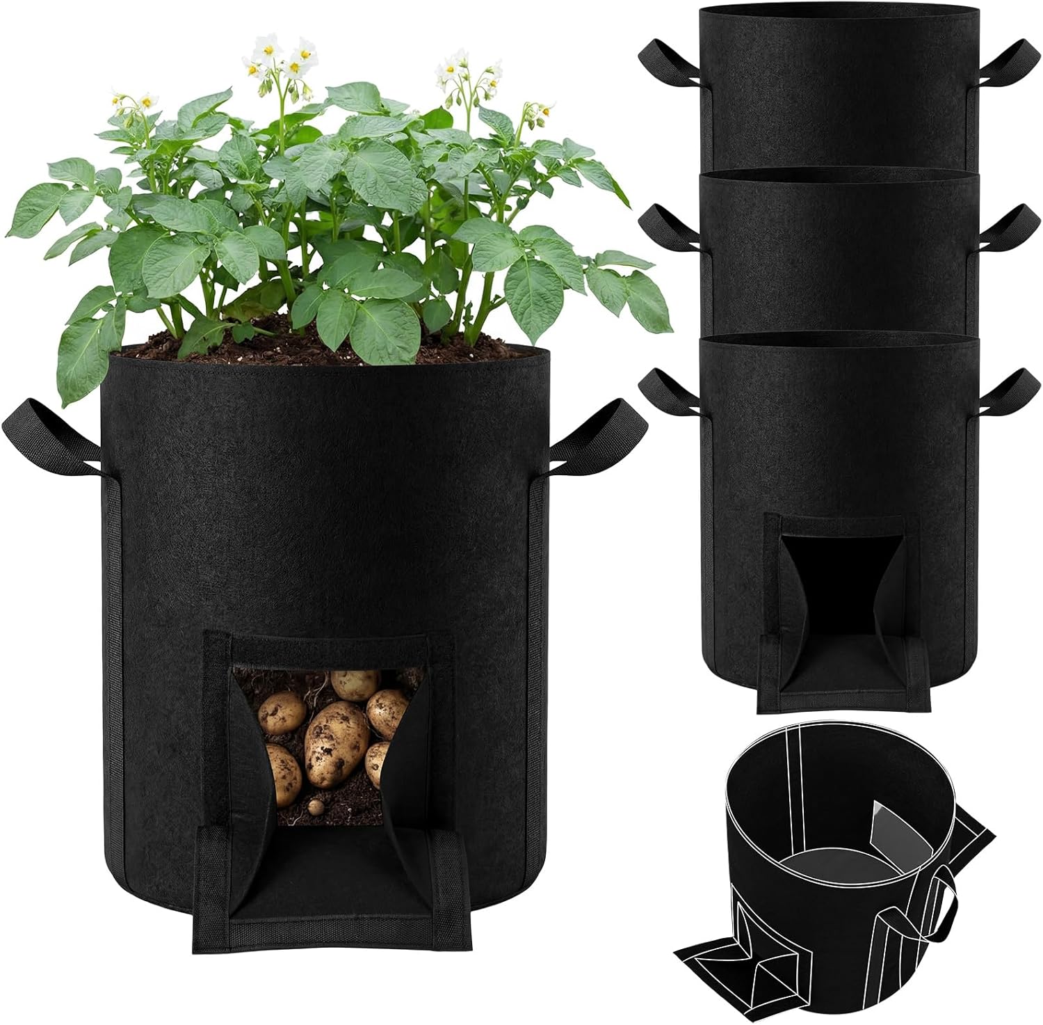 4pcs 30 Gallon Potato Grow Bags with Harvest Window & Visible Window 350g Thickened Nonwoven Fabric Pots, Sturdy Handle Planting Bag for Garden Vegetable Fruits Tomato Growing