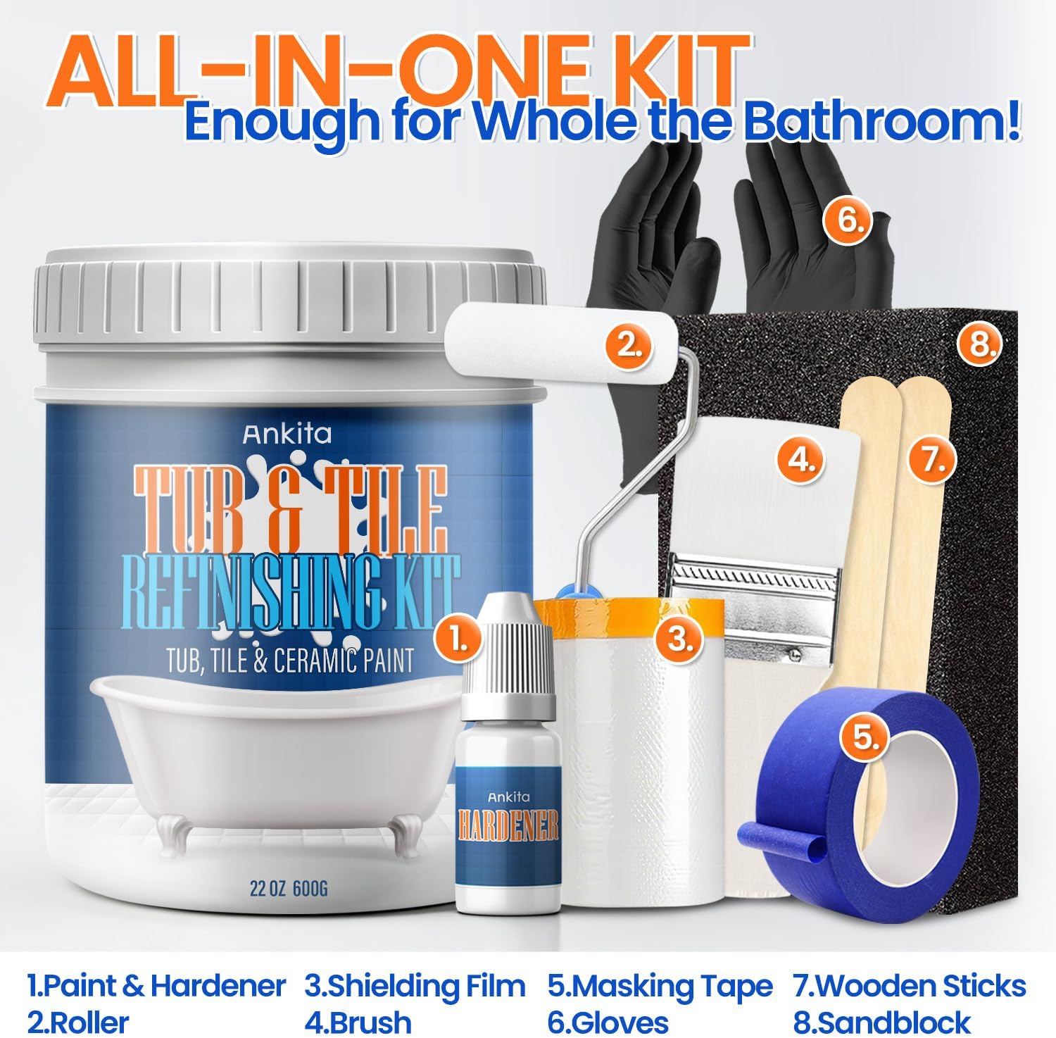 Specialty Tub and Tile Paint, Water-based Tub and Tile Refinishing Kit with Tools, Quick-Dry Tub Paint for Bathtub, No Odor Shower Paint, Bathroom Tile Paint, User-friendly on Tubs, Tile, Shower, Sink (Pure White)