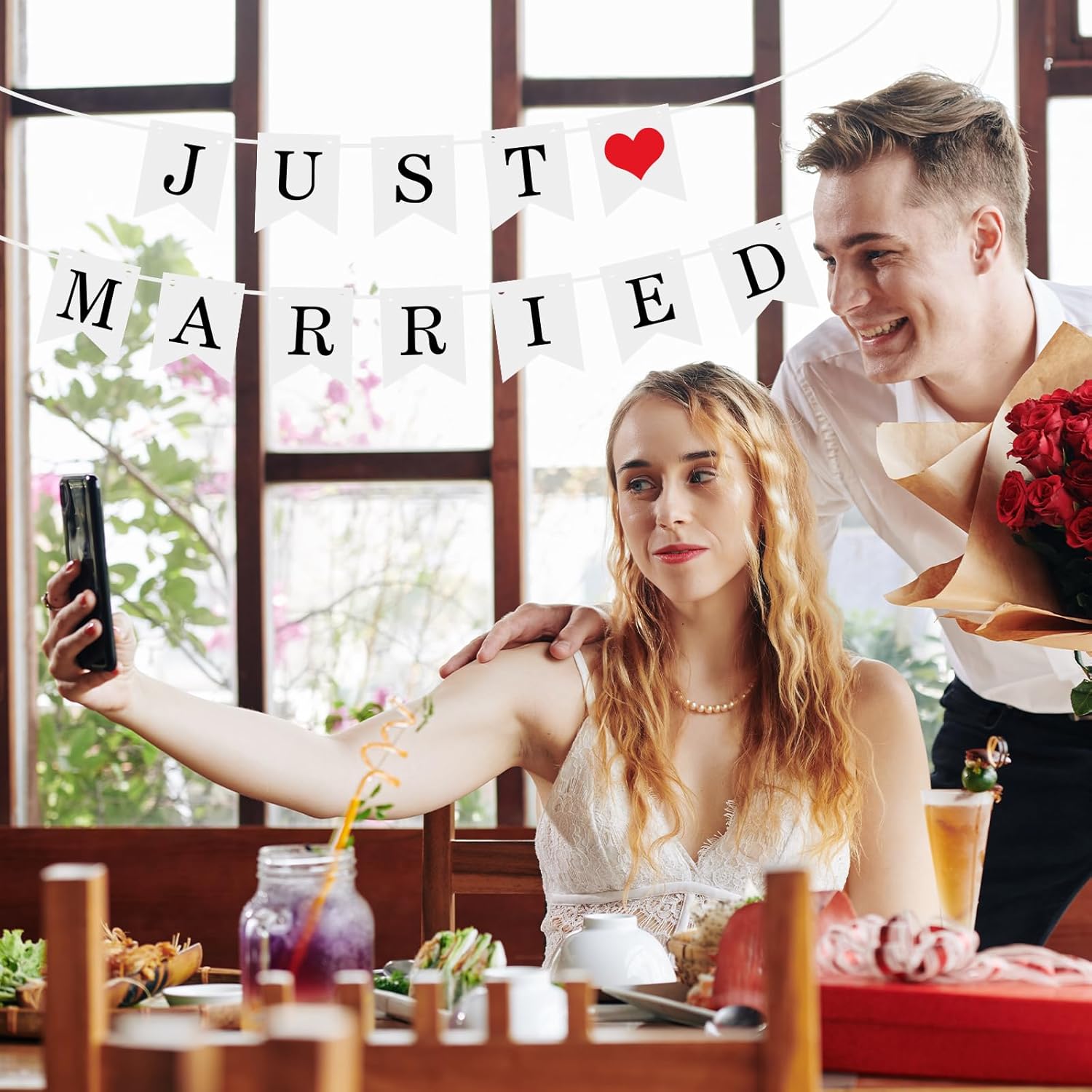 Just Married Car Wedding Decorations Set Includes Suction Cup Artificial Flowers, Just Married Sign Banner, Romantic Window Decals, Wedding Car Exterior Accessories for Bride, Honeymoon