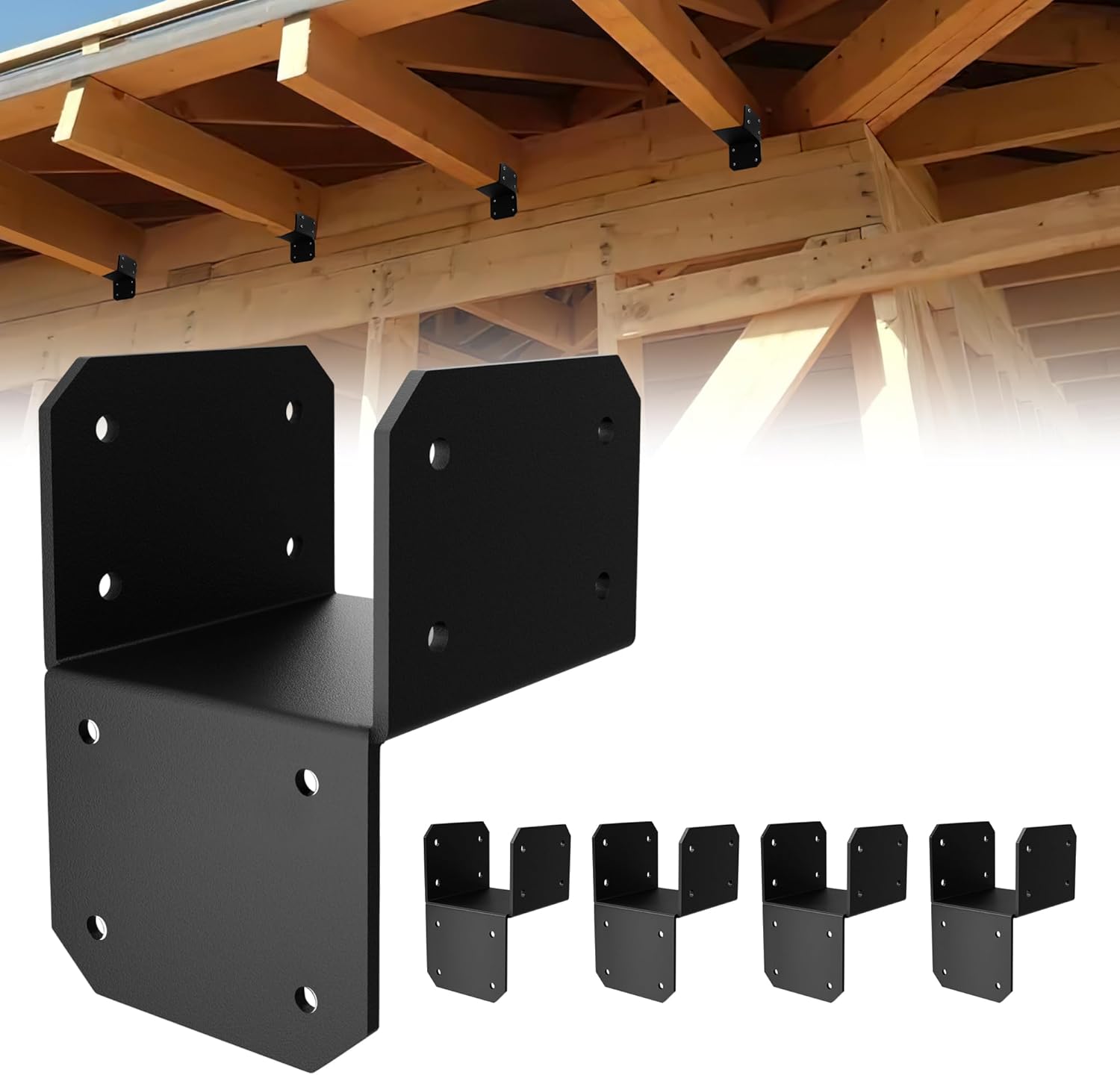 4 Pcs Black Joist Anchor Connector, Post Caps Tie Bracket for 4"x 4", Steel Mounting Joist Hanger Brackets, Truss to Beam Connector Roof Tie Header Hanger for Supporting Beams Rafters