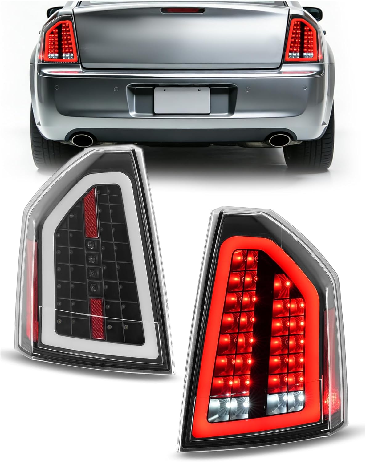 HECASA Pair LED Tail Lights Compatible with 2008-2010 Chrysler 300C Tail Rear Brake Light Lamp w/LED Tube Left&Right Side Clear Lens Black Housing