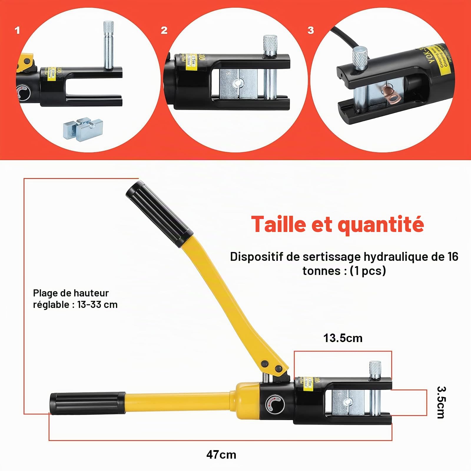 Gueenky 16 Tonnes Pince Hydraulique Manuel Coffret, 8-300 mm² Pince à Sertir Hydraulique Outil de Sertissage Hydraulique avec 13 Paires Matrices Pour Sertir Les Cosses de Câbles