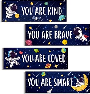 4 Pcs Space Themed Bedroom Decor Motivational Wooden Kids Room Decor Inspirational Wall Art Decor Nursery Hanging Playroom Decor Outer Space Room Decor for Baby Boys Toddler Classroom Decor (Space, 4 x 12 inch)