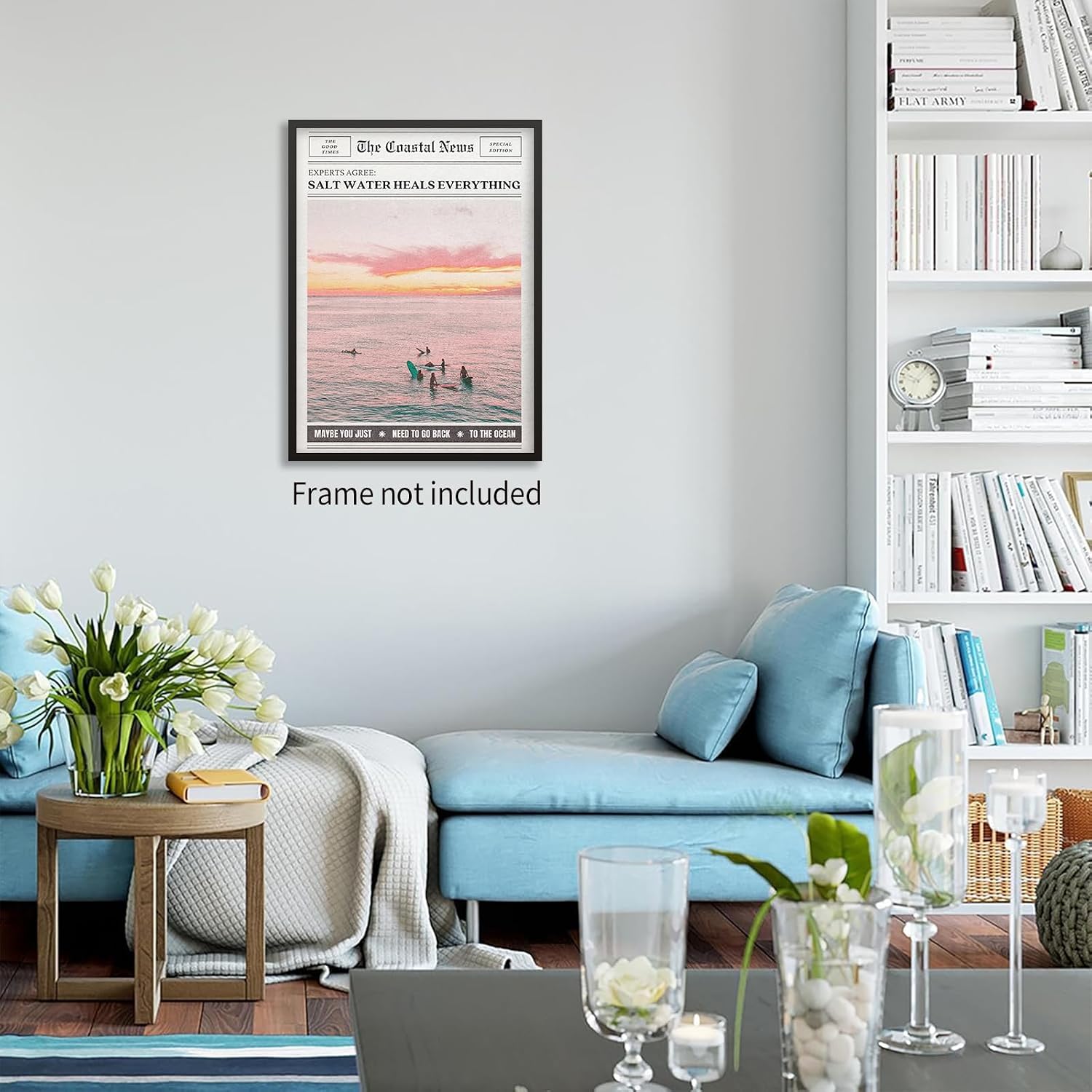 Pink Beach Newspaper Posters Vintage Fashion Coastal Girl Surf Wall Art Grainy Salt Water Heals Everything Canvas Prints for College Dorm Bedroom Wall Decor 12X16 inch Unframed