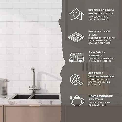 Miniatura 6 de Avant Decor  8 azulejos  Metro blanco grande compuesto de piedra  Azulejos de cocina para despegar y pegar  Azulejos de pared para pegar  Fácil de