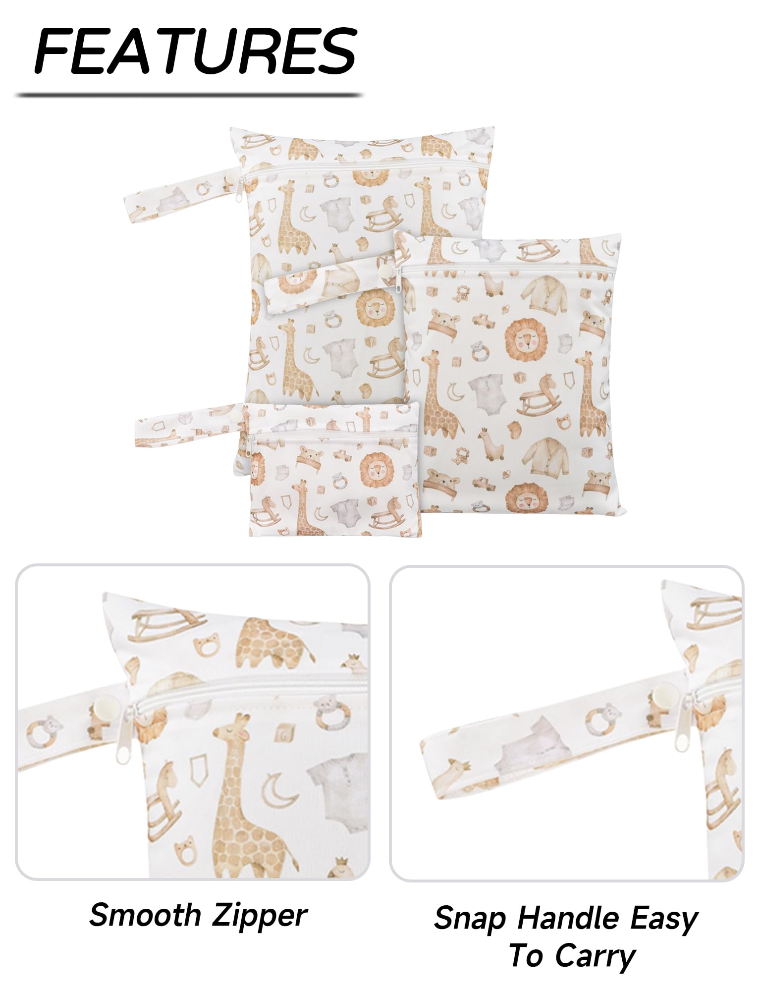 SEAUR 3 Pieces Wet Bag with Zip Wet Dry Bags Baby Wet Clothes Bag Swimming Wet Nappy Bag Waterproof Baby Washable Wet Bag White Giraffe - Image 2