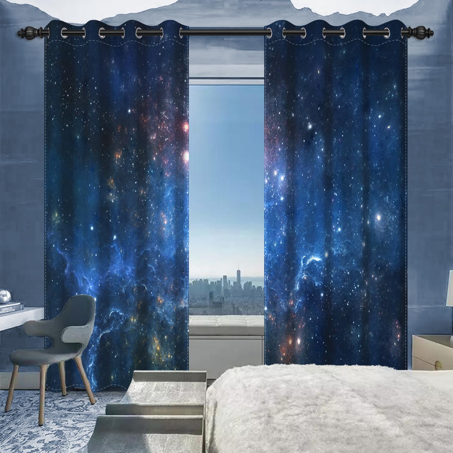 Sternenraumverdunkelnde Fenstervorhänge Schwarz Nachthimmel Sterne Verdunkelungsvorhänge Thermoisolierte Ösen Schlafzimmer Vorhänge für Wohnzimmer Schlafzimmer 2 Paneele 106,7 x 160 cm