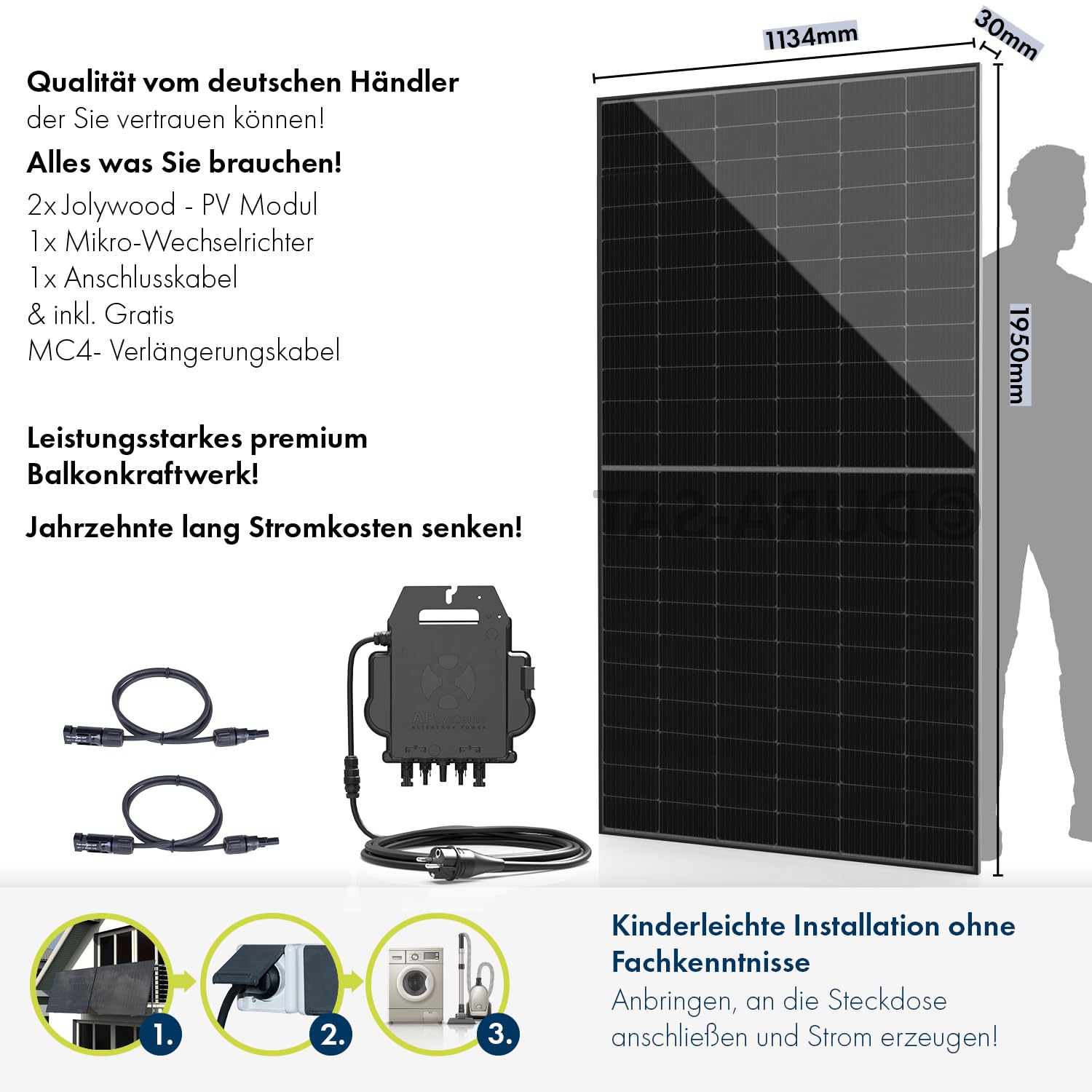 SPAUN Balkonkraftwerk 1000W p | 800W Komplettset mit bis zu 1300Wp bifazialer PV-Leistung und 3m Anschlusskabel zum Einstecken in die Steckdose - Wifi Fernüberwachung, Mini-PV-Anlage, N-TOPCon