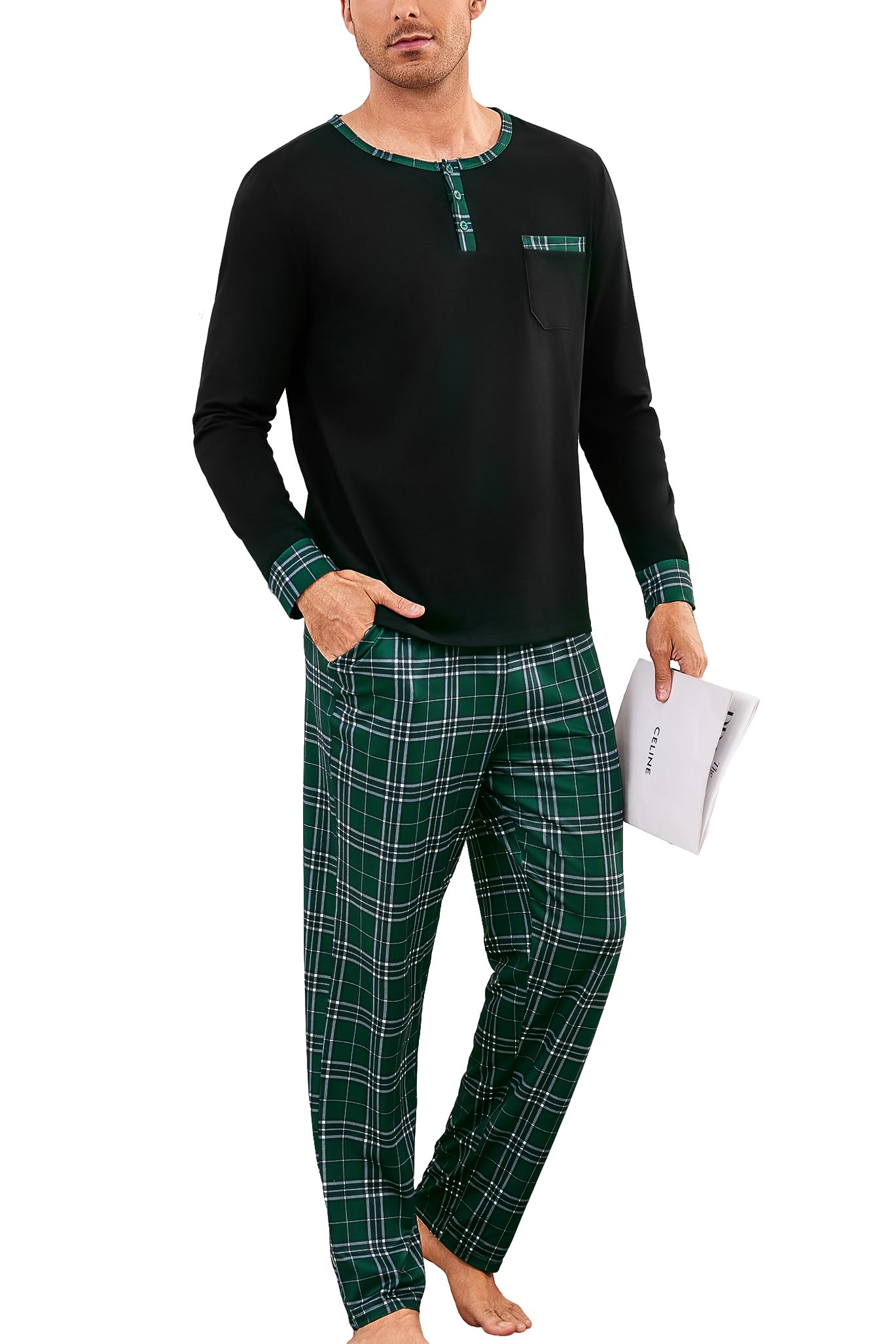 Litherday Schlafanzug Herren Lang Baumwolle Zweiteiliger Pyjamas Set Rundhals Oberteil mit Kariert Pyjamahose