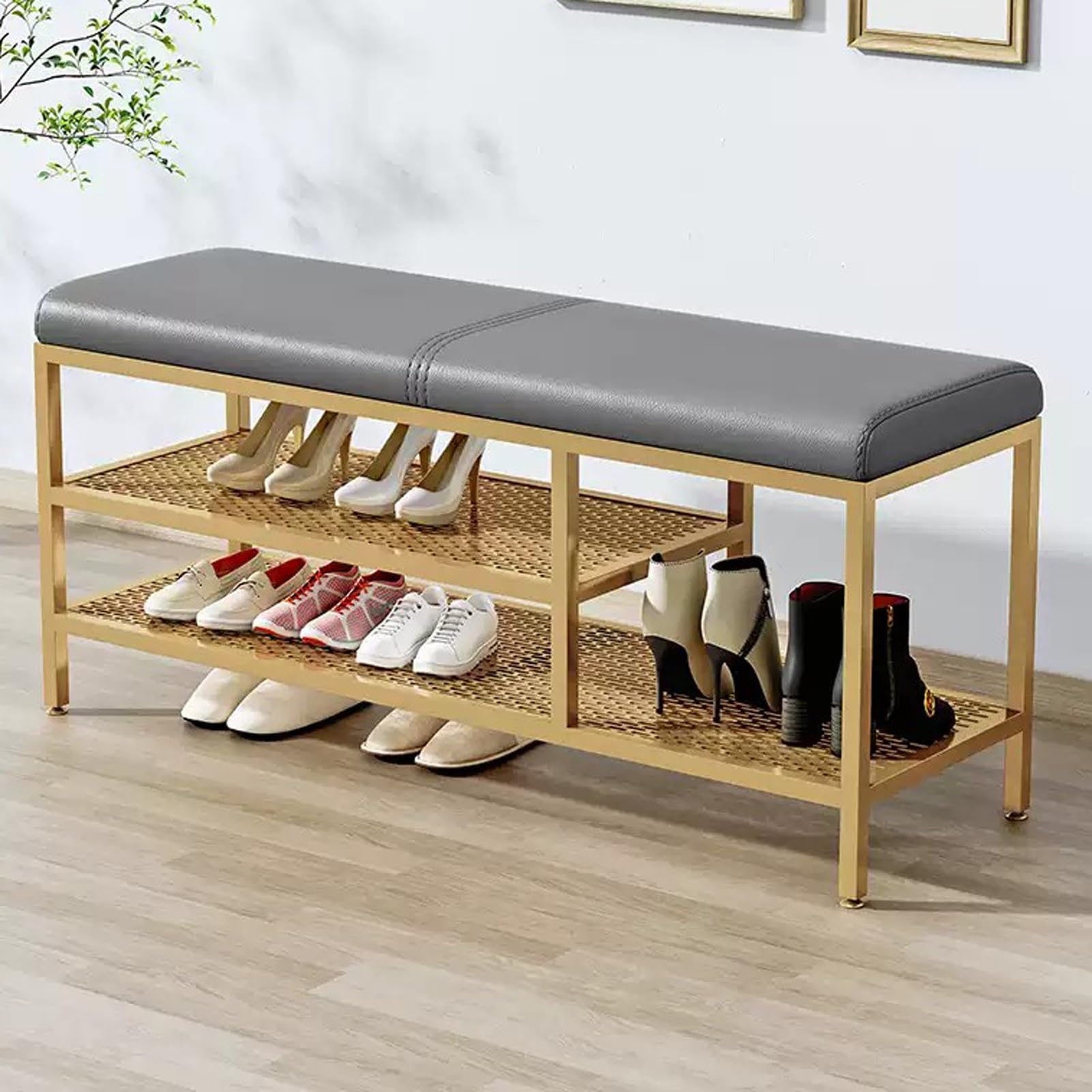 WJFTODAY 3 Tier Upholstered Shoe Rack with Cushioned PU Leather Bench & Metal Legs for Entryway Hallway Storage (Grey 60 x 32 x 47 cm)