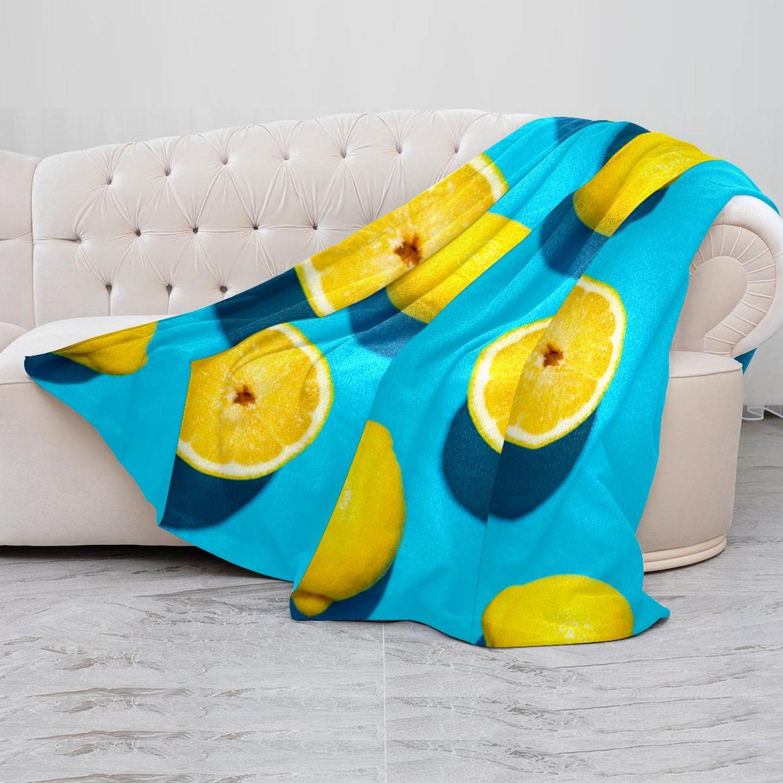 Coperta in pile, super morbida, lussuosa, estiva, motivo limone, colore: blu