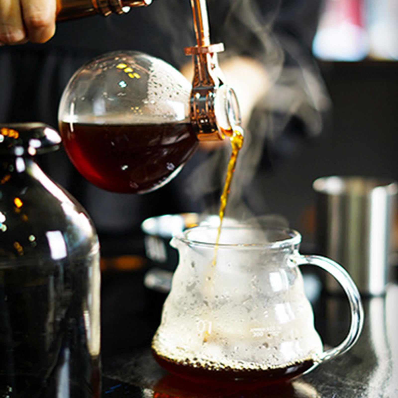 Caffettiera a sifone speciale per uso domestico Caratteristica Materiali in vetro Manico in legno Preparazione sotto vuoto Robusta resistente calore Ideale per preparare caffè Tè Bevande fredde 3