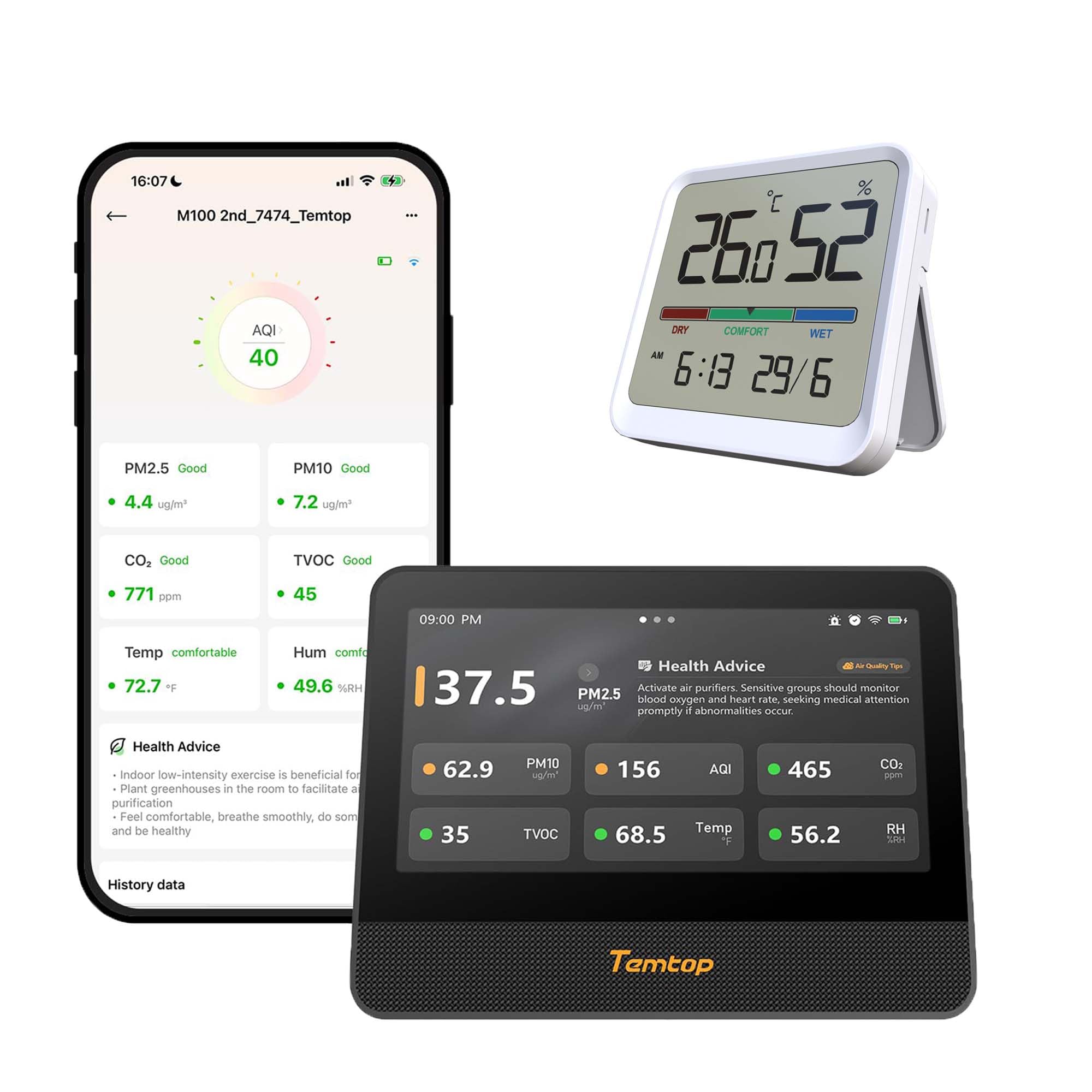 Temtop M100 2nd WiFi/LoRa Luftqualitätsmonitor 7" 7-in-1: PM2.5, PM10, CO2, TVOC, Temperatur, Luftfeuchtigkeit, App, Alarm & Hygrometer Thermometer ±1°C ±5% RH -10~50°C/10~95% RH – Wohnzimmer, Büro
