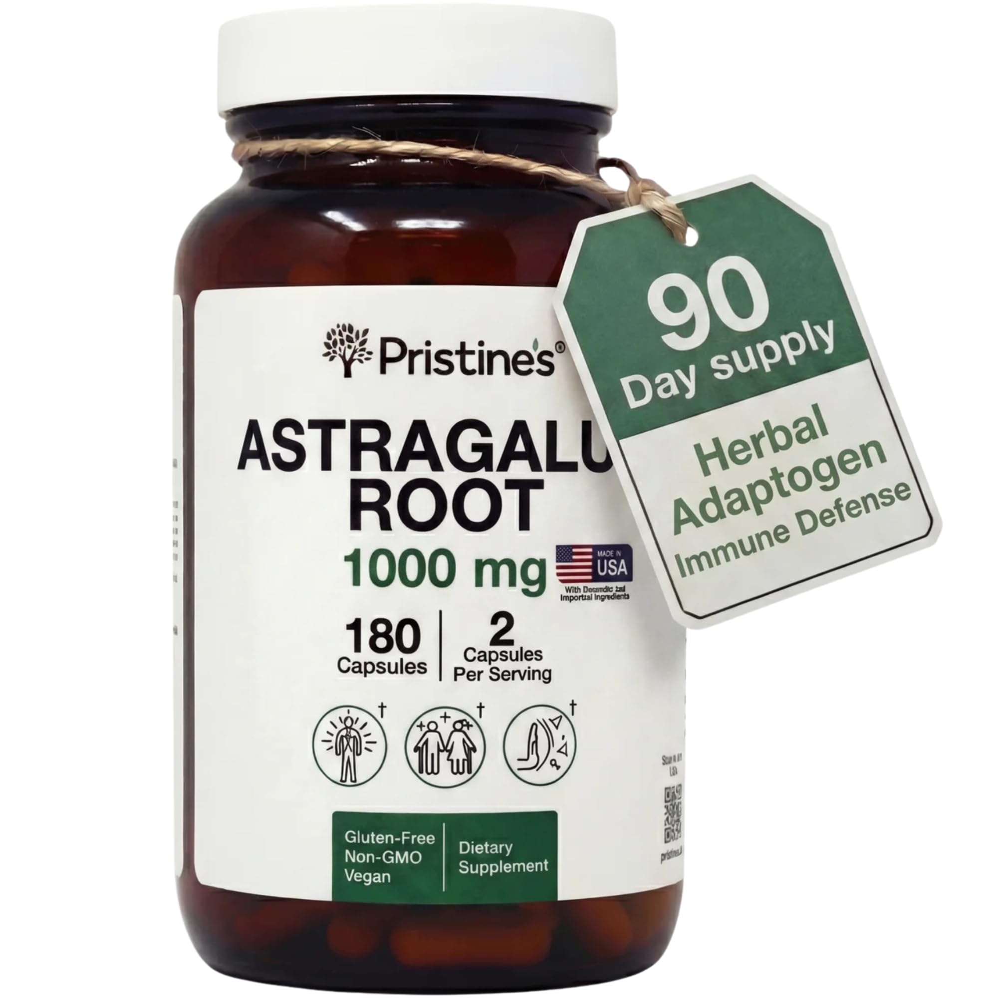 PRISTINE'S Astragalus Root Immune Support Supplement Capsules -1000mg 90 Day Supply Herbal Adaptogen - Healthy Aging, Heart & Lung Health