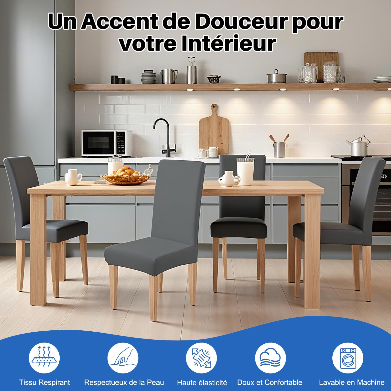 Housse de Chaise Extensible 4 Pièces Amovible Lavable Gris pour Salle à Manger Hôtel