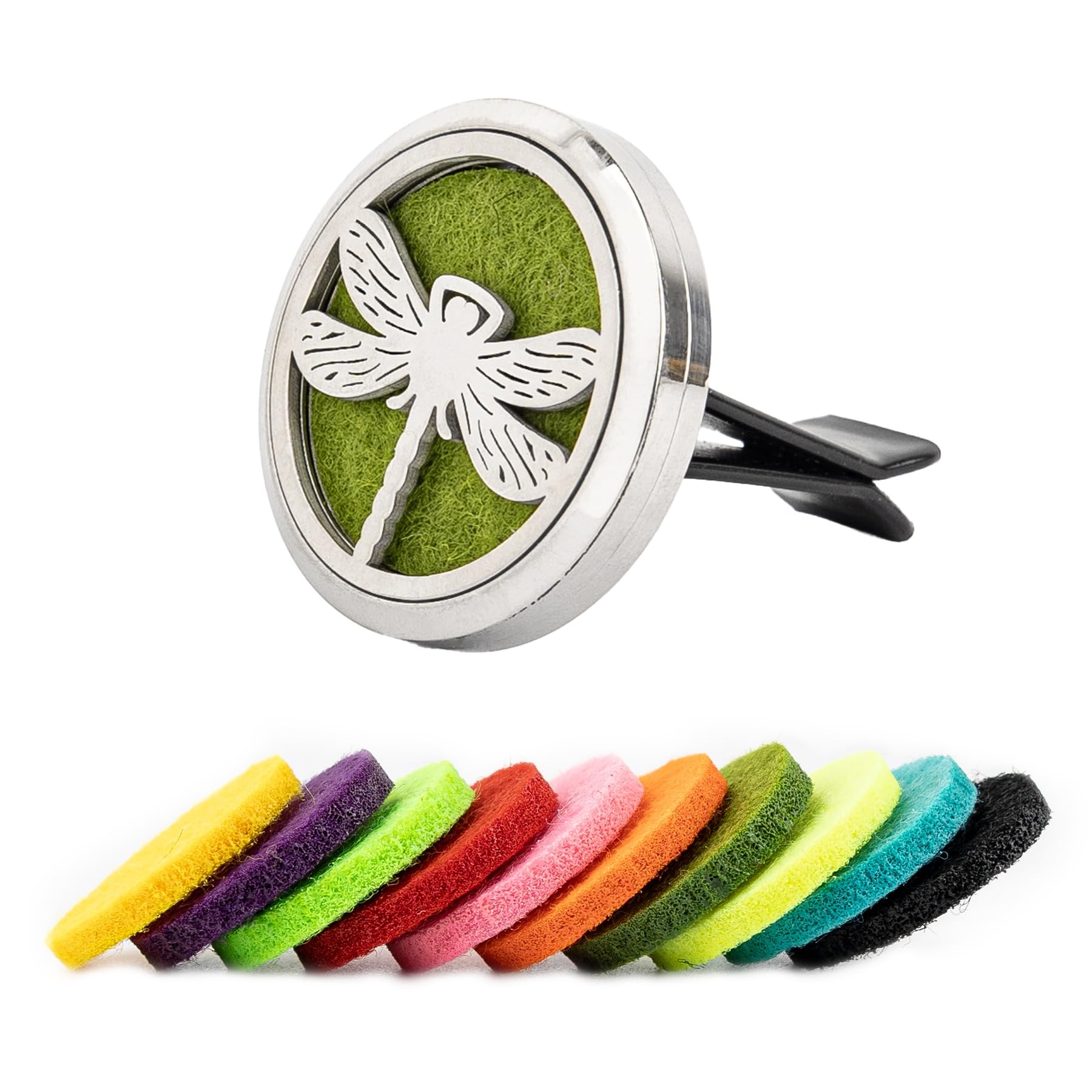 AUEAR, Dragonfly Car Diffuser Vent Clips Aromatherapy Essential Oil Diffusers 30mm Stainless Steel Lockets with 10 Felt Refill Pads