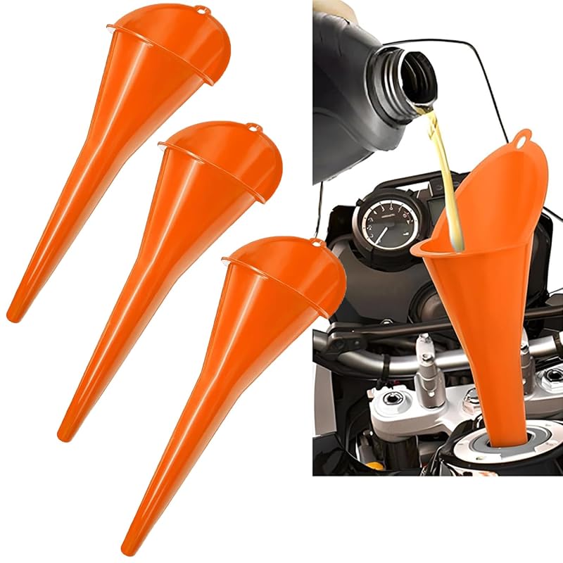 Kit com 3 Funis Automotivos de Bico Longo Cartisen, 27,9 cm, para Óleo, Combustível e Fluidos de Transmissão, Laranja