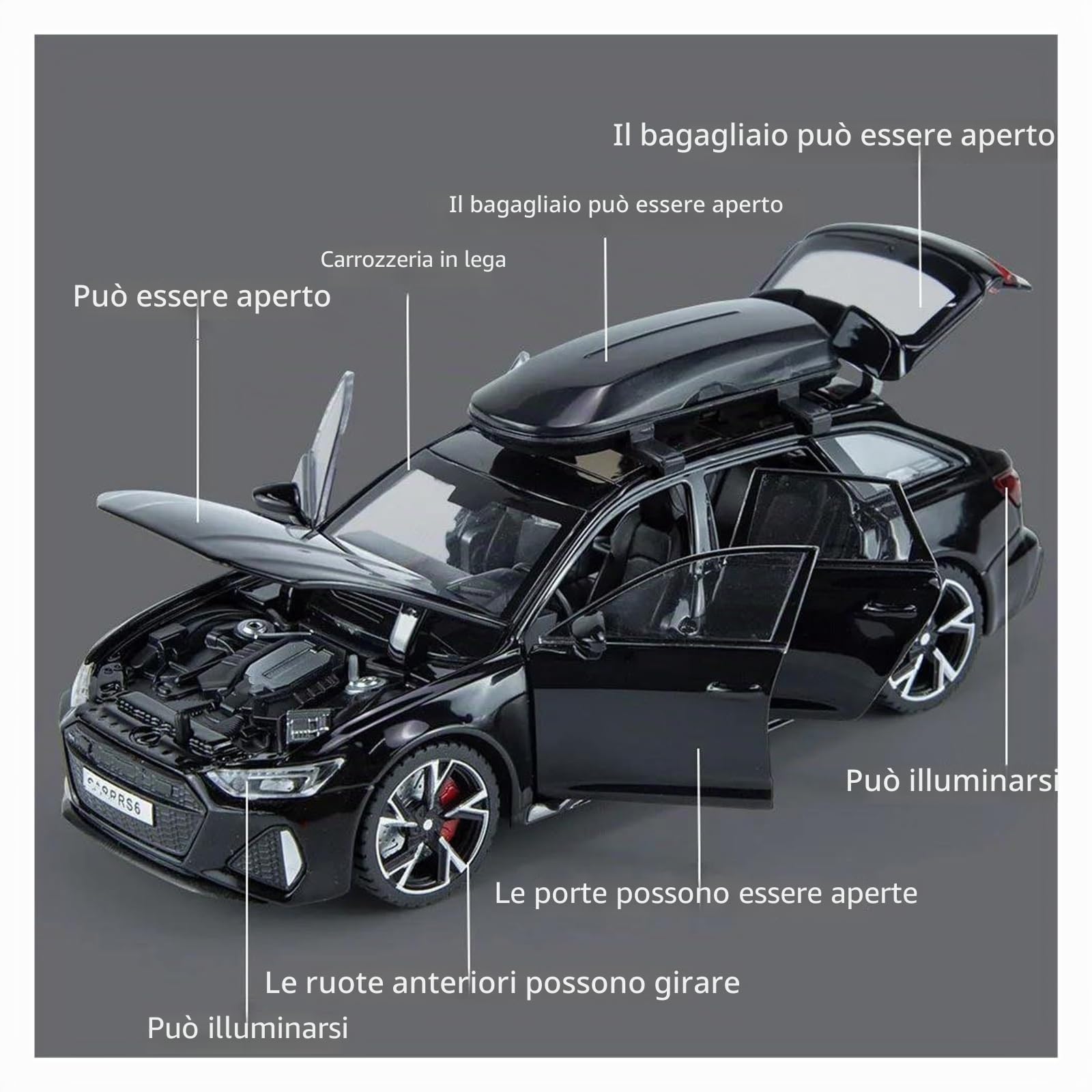 1:32 per RS6 il modello di auto con porte apribili in lega pressofusa | Con suono e luce non includere le batterie(Grey)