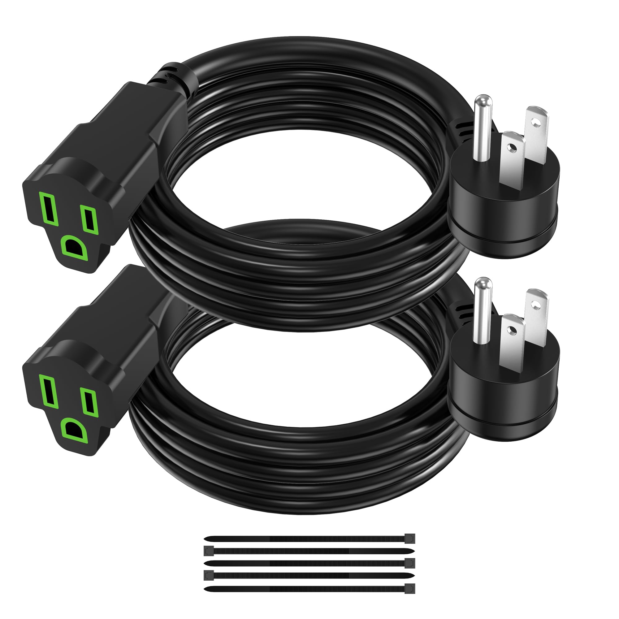 2 Pack Power Extension Cord 5FT/60Inch, 3 Prong Electric Extension Cable Single Outlet Saver, Heavy Duty, Waterproof, 16 AWG, 13A 125V, Outdoor and