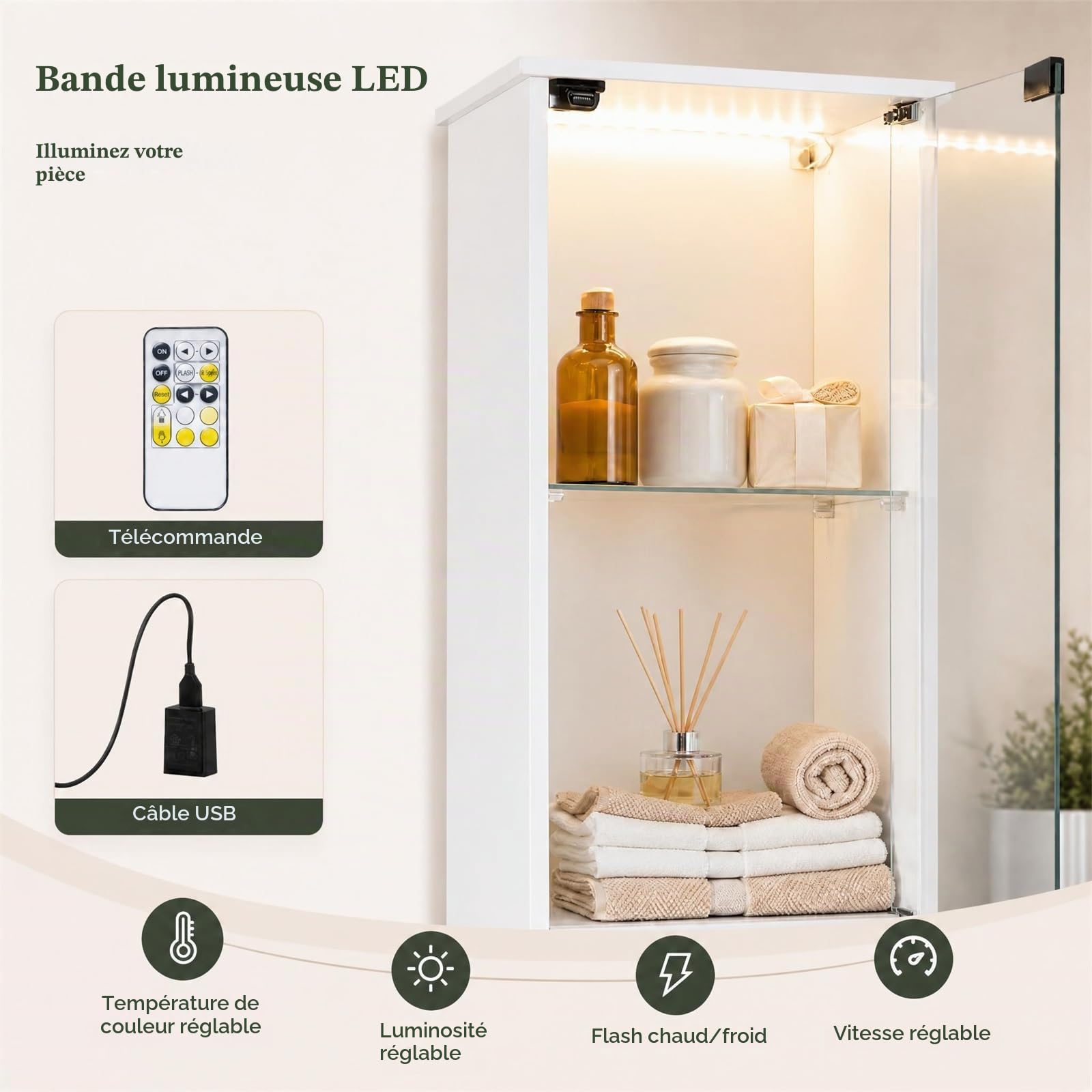 LIFEZEAL Meuble Salle de Bain avec LED, Télécommande, Colonne de Rangement Étroit Haut avec Porte en Verre Trempé, Étagères Réglables, Armoire sur Pied pour WC Cuisine Salon, 30 x 30 x 170 cm (Blanc)