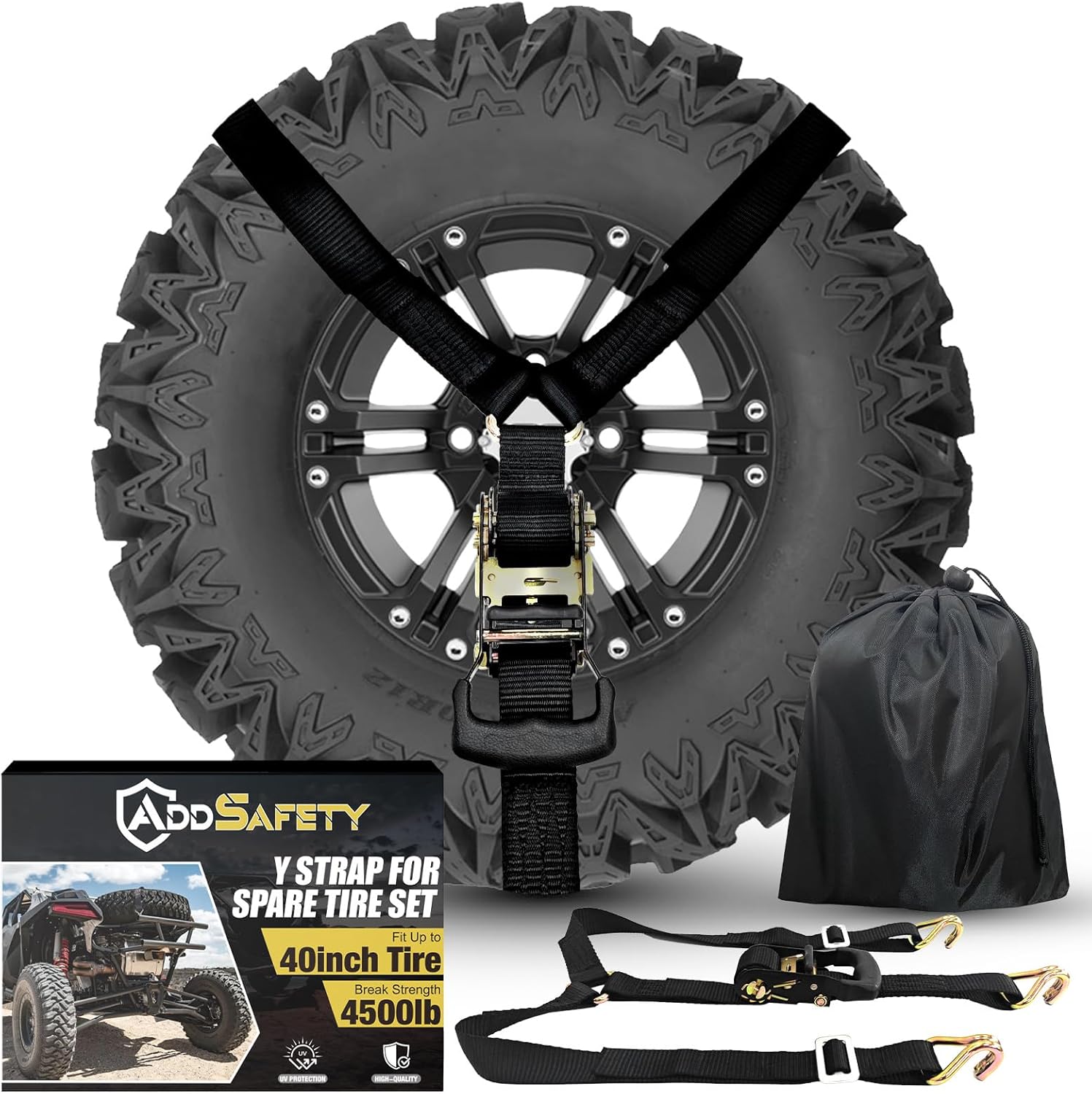 Y Strap for Spare Tire,3 Ratchet Straps Tie Down, Heavy Duty Spare Tire Strap for UTV,Roof Rack Spare Tire Mount,Pickup Trucks, black