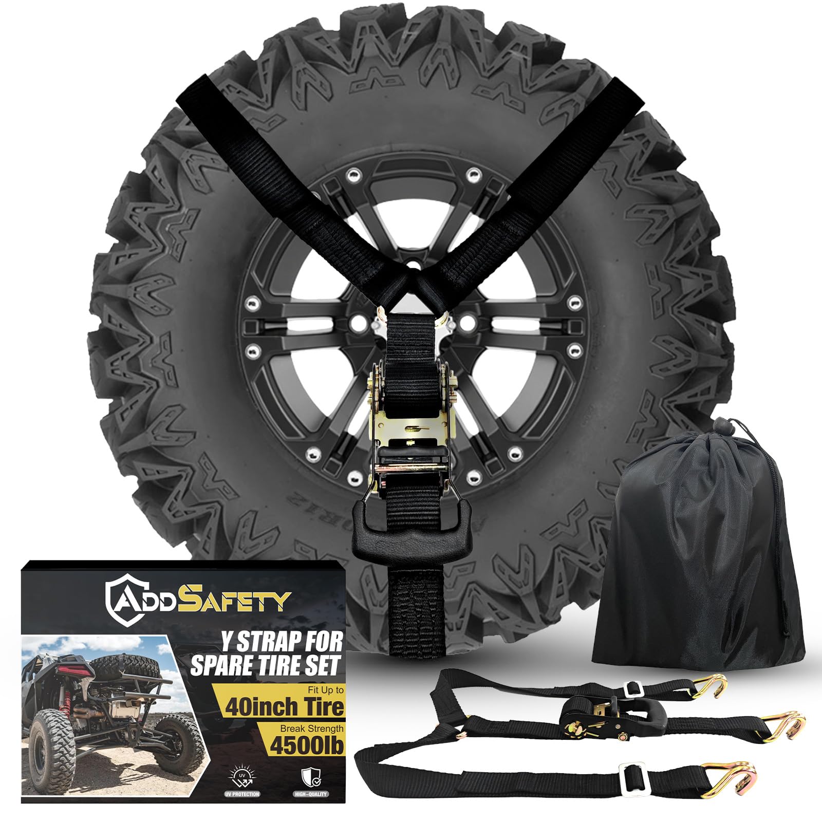 AddSafety Y Strap for Spare Tire, 3 Ratchet Straps Tied, Heavy Duty Spare Tire Strap for UTV, Roof Rack Spare Tire Mount, Trucks
