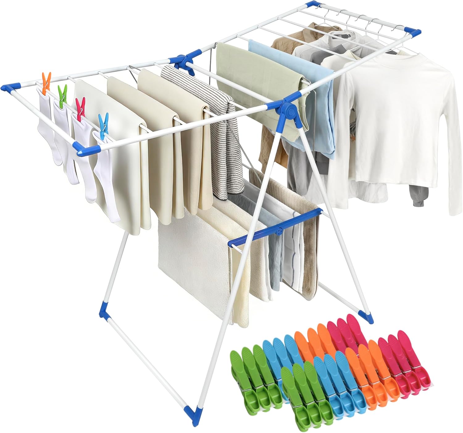 Drying Rack Clothing, Clothes Drying Rack Foldable, Includes 24 Clothespins, Space-Saving Free-Standing, 2 Height-Adjustable Gullwings, Indoor Outdoor Use