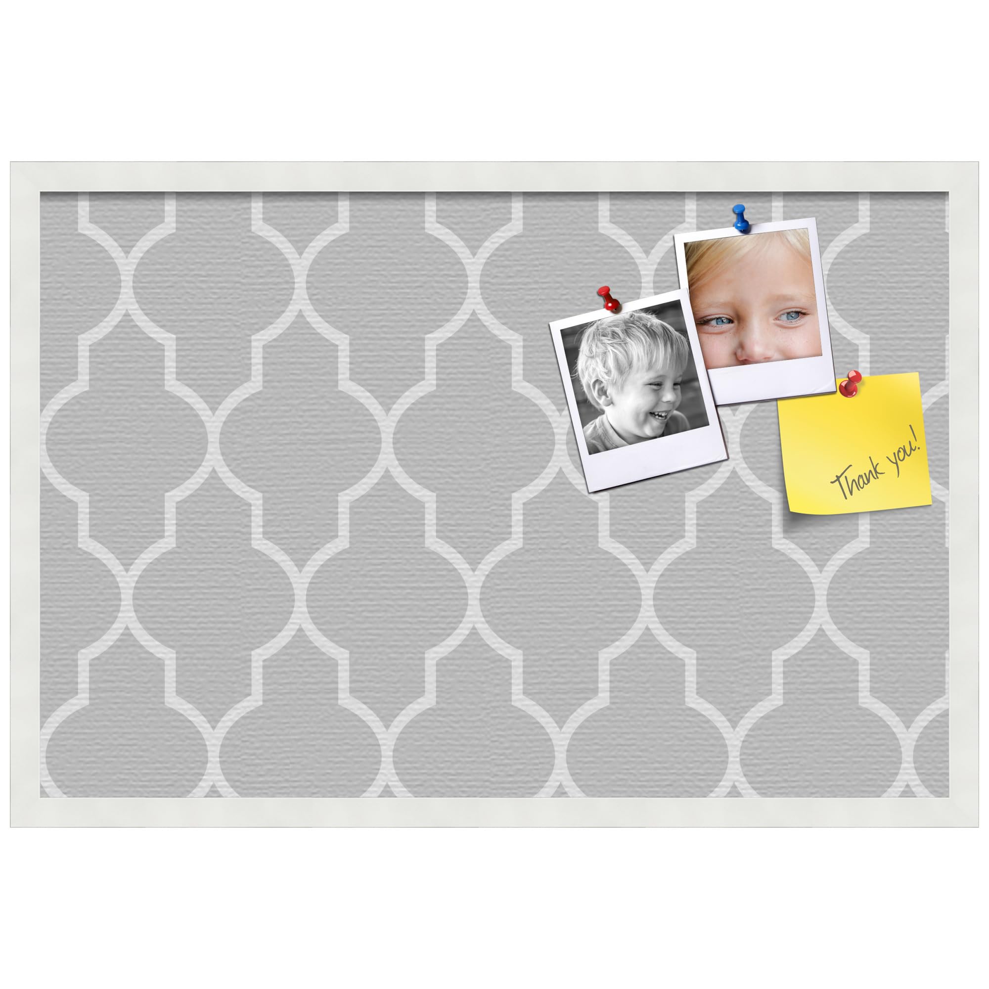 PinPix 30x20 inch Cork Bulletin Board. This Decorative Framed Pin Board Comes with Quatrefoil Lt Grey Design and a Satin White Frame Frame. Ideal for