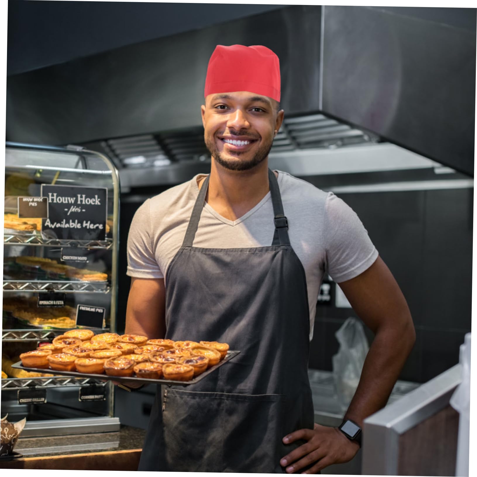 minkissy Fashion Chef Hat with Ribbon Turban for Men Women Kitchen Headwear for Catering and Daily Wear Durable Canvas Material Red