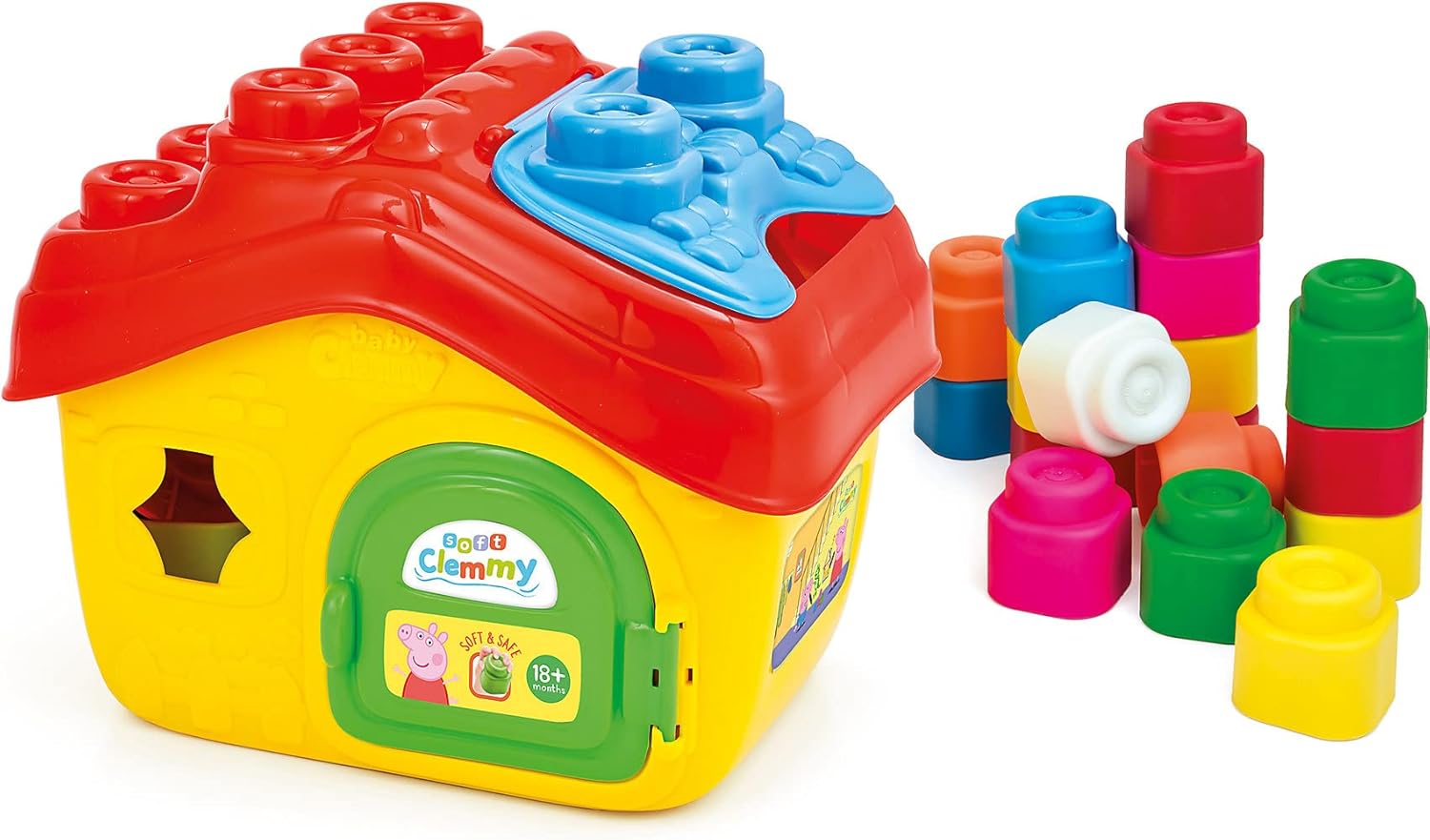Clementoni 17657 Bucket-Peppa Pig House, playset Clemmy Children 10 Months-Soft Building Blocks-Washable-Made in Italy, Multicoloured