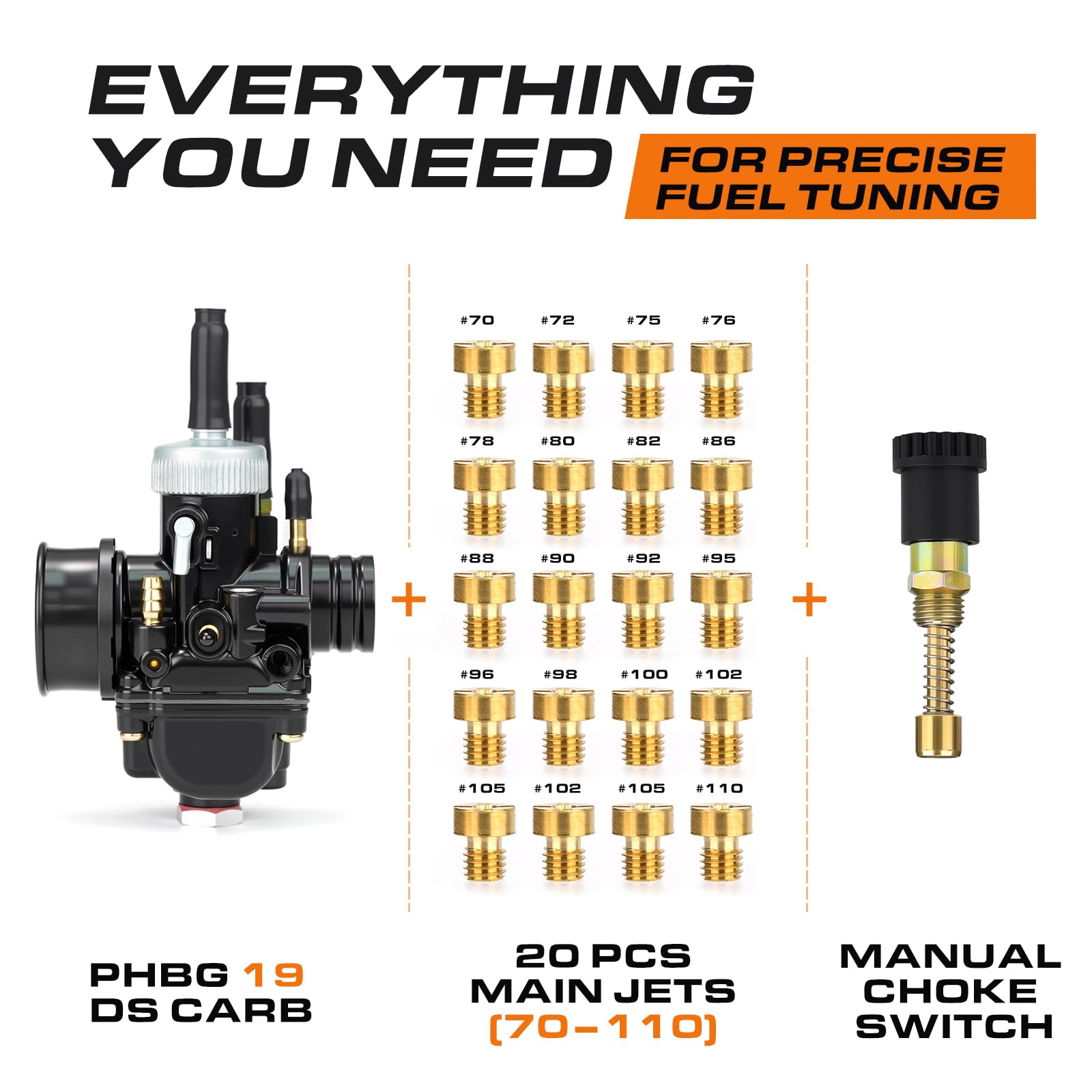 PHBG - Kit carburatore 19 DS, 20 getti principali 70-110, set di interruttori manuali per starter manuale, kit di tuning di ricambio per motori scooter e moto 2T, sistema di tuning per carburatore