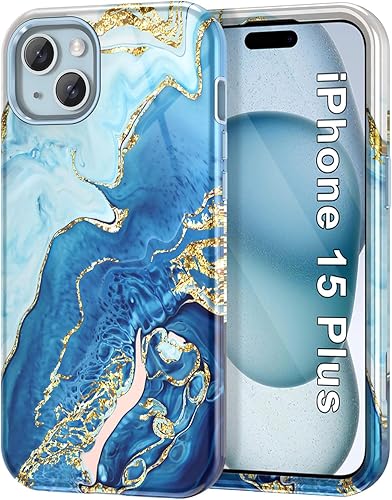 Btscase Funda para iPhone 15 Plus de 6.7 pulgadas (2023), patrón de mármol 3 en 1 resistente cuerpo completo a prueba de golpes PC duro + silicona disponible en Yaxa El Salvador