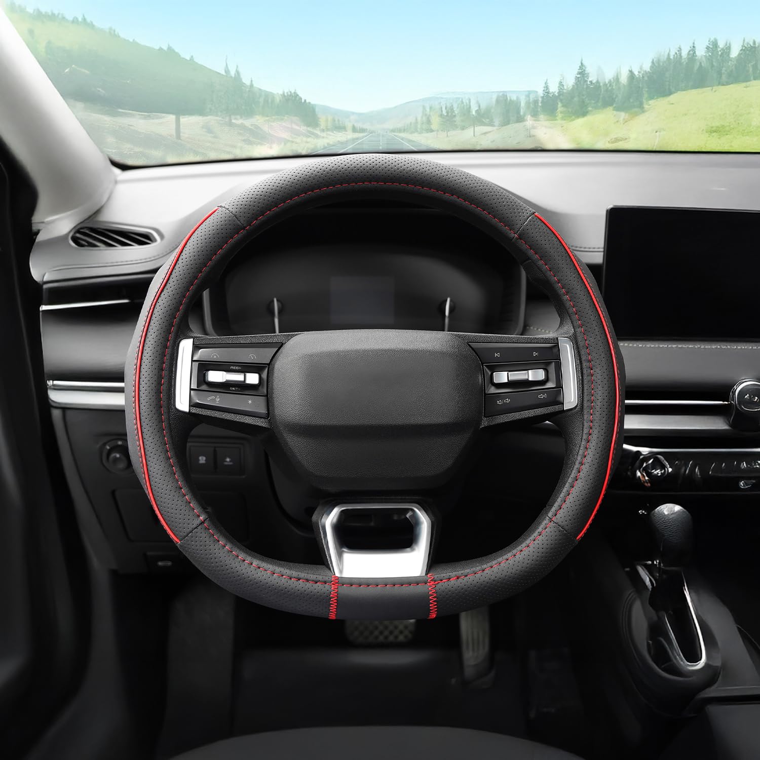 Amazon Basics Leather Steering Wheel Cover (Medium – 38 cm) | Breathable, Non-Slip Polyvinyl Grip with Sporty Black Stitching & Easy Installation (Black and Red)-image-32