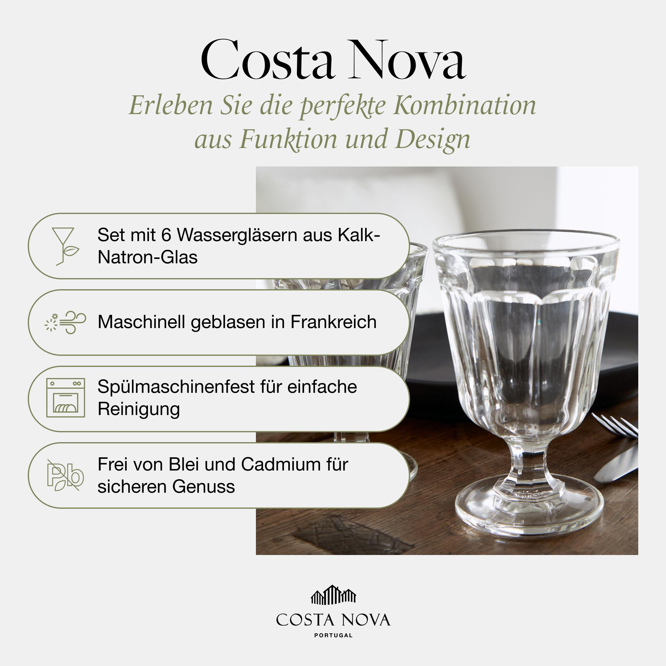 Costa Nova Wassergläser Set Gomos: Hochwertige Trinkgläser aus Kalk-Natron-Glas, Spülmaschinenfest, Elegantes Design, 280 ml Fassungsvermögen, Ideal für Wasser, Saft & Cocktails, 6-teilig