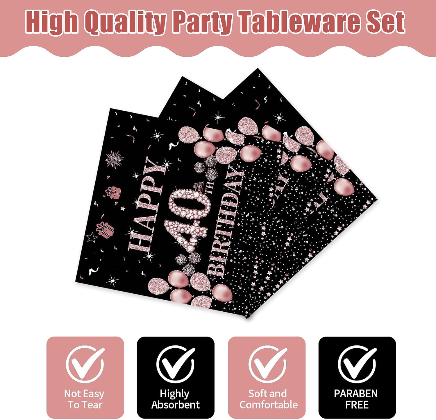 72 Pcs 40th Birthday Party Supplies Paper Plates and Napkins, Black Rose Gold 40th Birthday Plates Napkins Tableware Set for Women Cheers to 40 Years Decorations, Serve 24 (40th) image 4