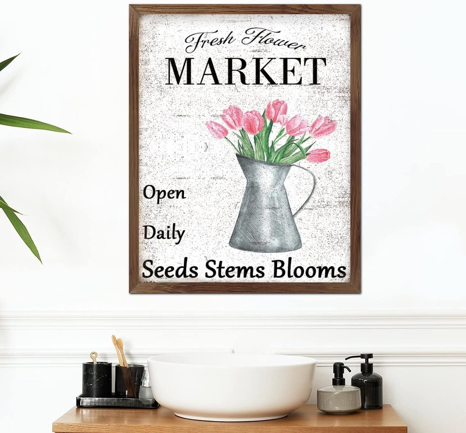 Fresh Flower Market Open Daily Framed Wooden Signs Spring Tulip Flower in Vase Wooden Wall Hangings Retro Blossom Floral Wall Decor Hanging Plaque Sign for Bedroom Living Room Outdoor Home 20x16inch
